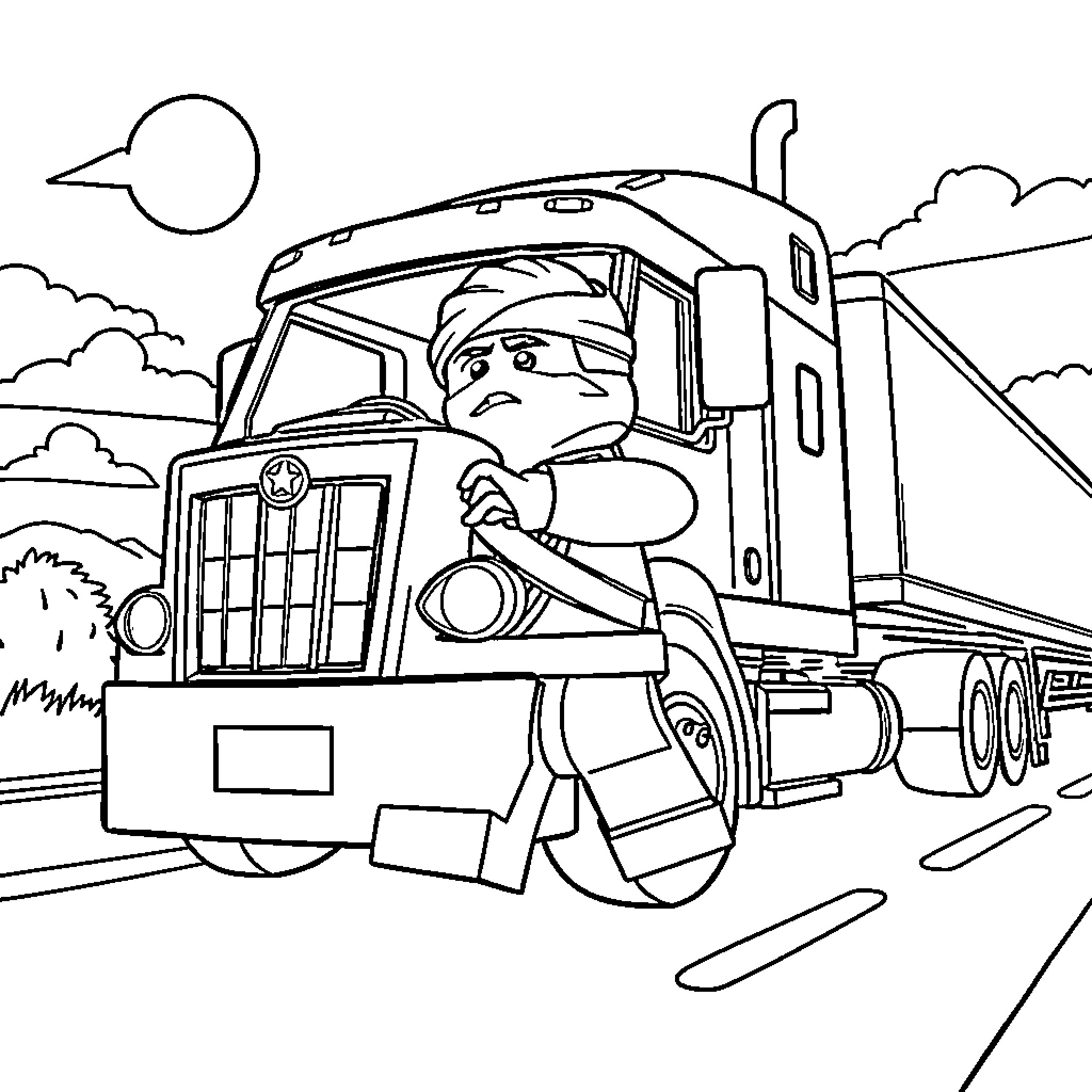 Lego Lloyd driving a large semi-truck on the road Coloring Page (free black-and-white line drawing printable PDF for all, from beginners to advanced learners, including children, teens, adults, and seniors)