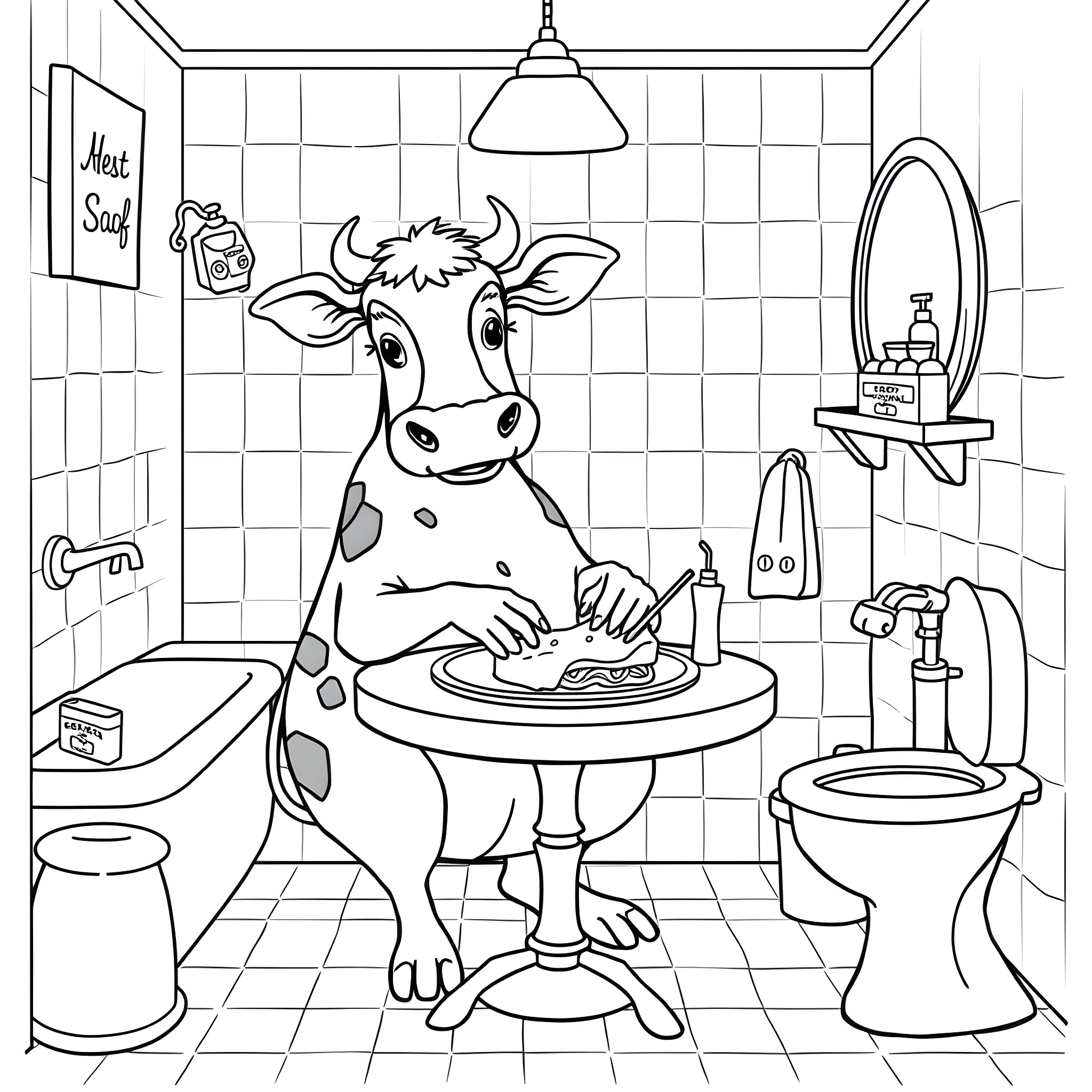 Cow Enjoying a Meal in the Bathroom Coloring Page (free black-and-white line drawing printable PDF for all, from beginners to advanced learners, including children, teens, adults, and seniors)