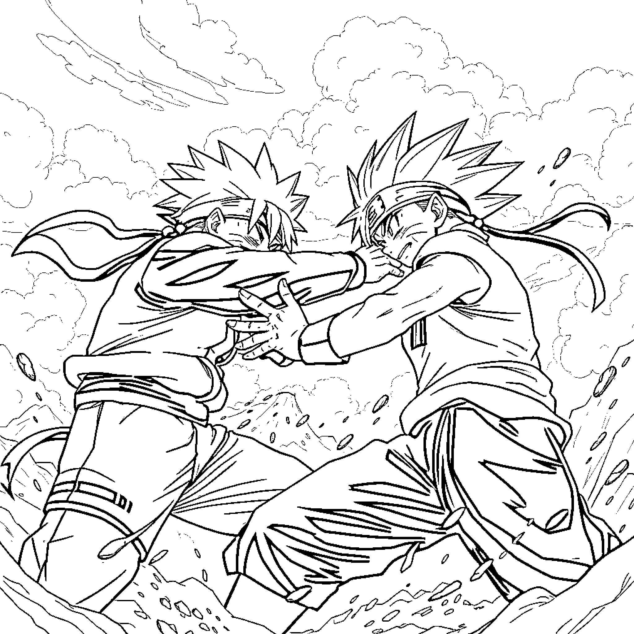 Naruto and Sasuke's Intense Ninja Clash Coloring Page (free black-and-white line drawing printable PDF for all, from beginners to advanced learners, including children, teens, adults, and seniors)