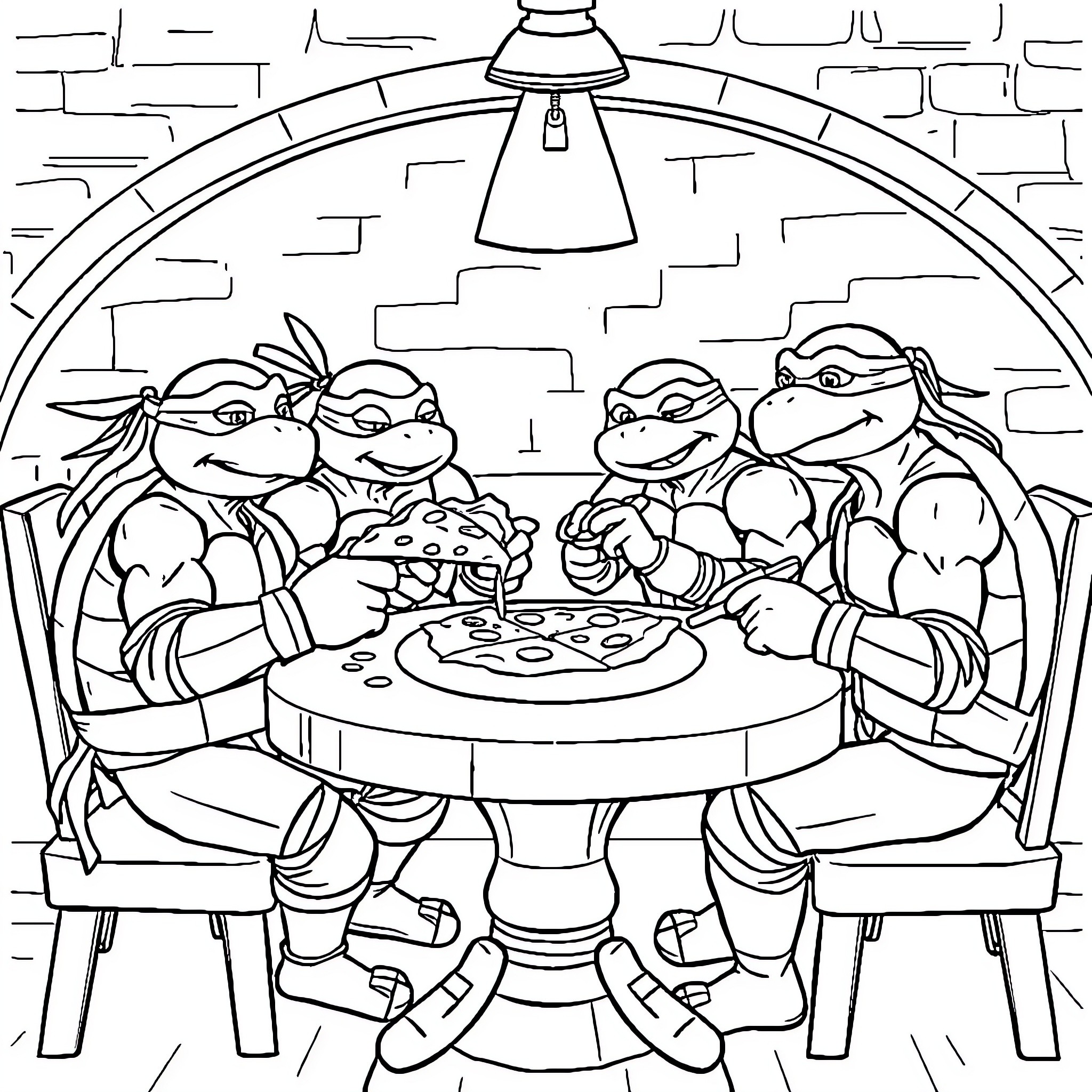 Ninja Turtles Eating Pizza Together Coloring Page (free black-and-white line drawing printable PDF for all, from beginners to advanced learners, including children, teens, adults, and seniors)