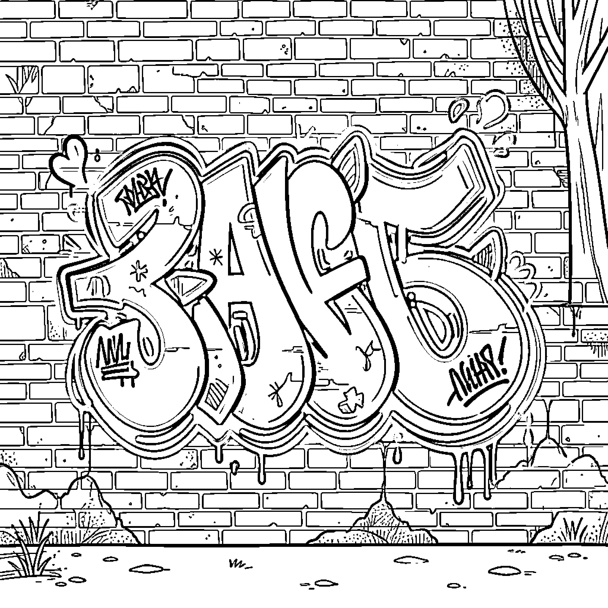 Graffiti lettering styled on a brick wall Coloring Page (free black-and-white line drawing printable PDF for all, from beginners to advanced learners, including children, teens, adults, and seniors)