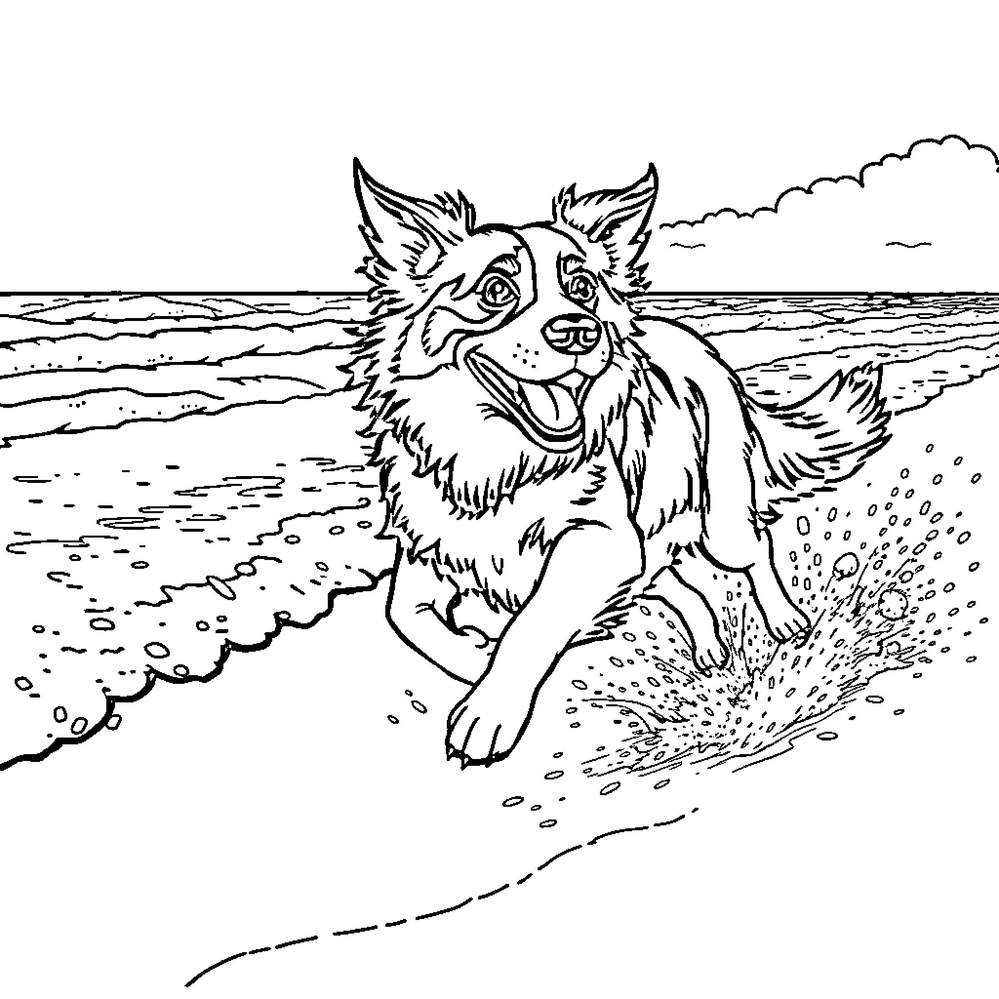 Border Collie Frolicking by the Waves Coloring Page (free black-and-white line drawing printable PDF for all, from beginners to advanced learners, including children, teens, adults, and seniors)
