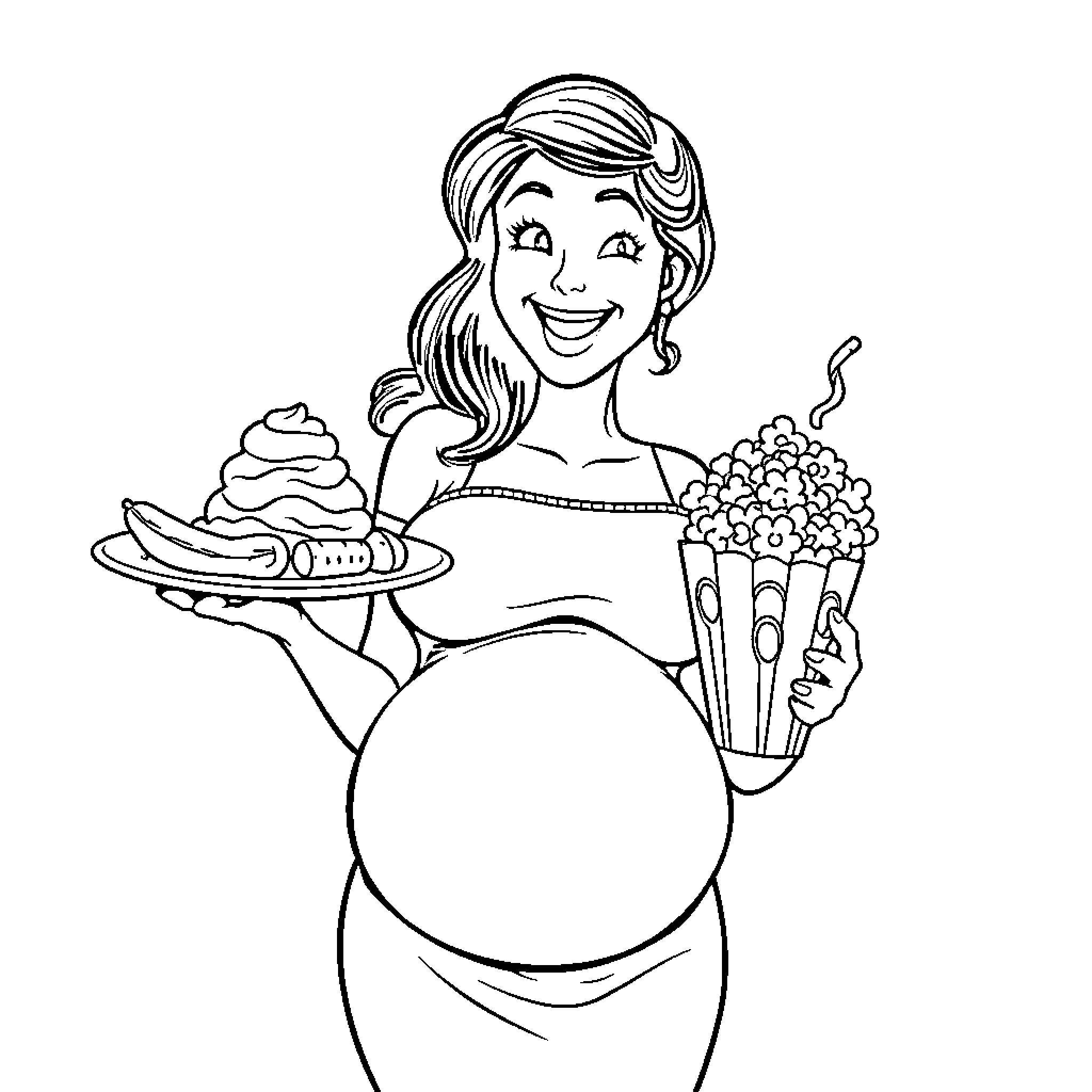 Pregnant Woman Enjoys Snacks and Flowers Coloring Page (free black-and-white line drawing printable PDF for all, from beginners to advanced learners, including children, teens, adults, and seniors)