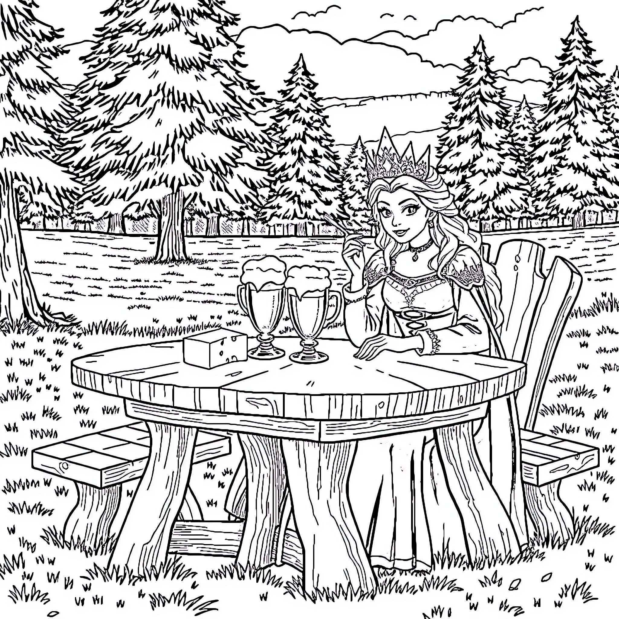 Snow Queen enjoying tea in the enchanted forest Coloring Page (free black-and-white line drawing printable PDF for all, from beginners to advanced learners, including children, teens, adults, and seniors)