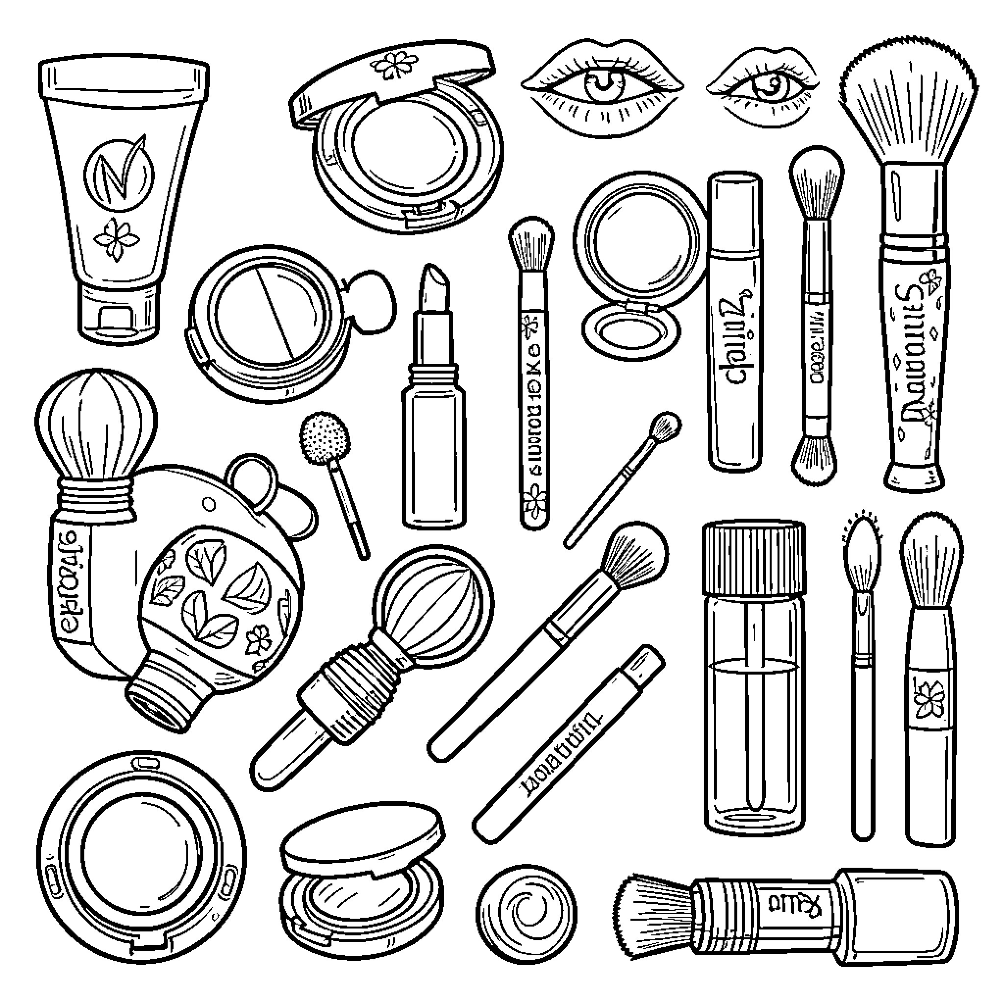 Makeup Essentials and Tools Coloring Page (free black-and-white line drawing printable PDF for all, from beginners to advanced learners, including children, teens, adults, and seniors)