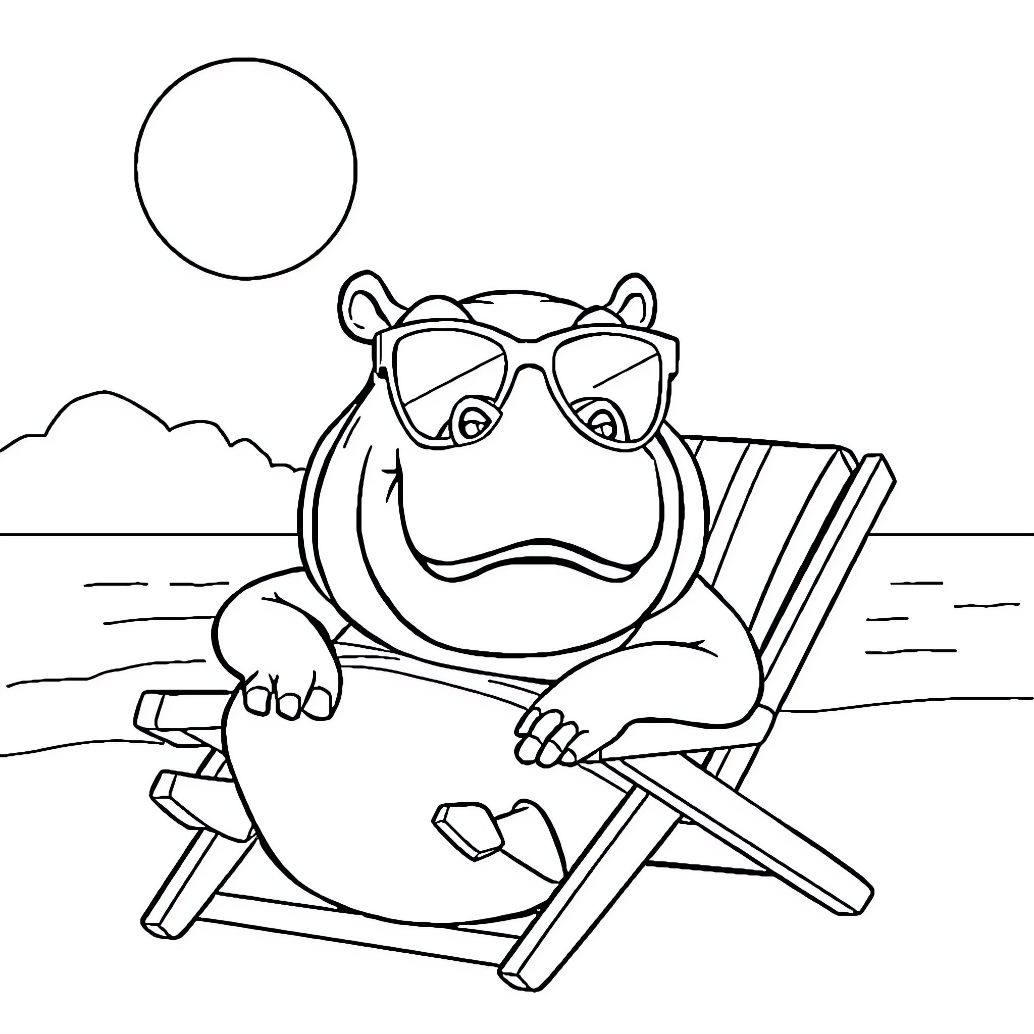 Hippo relaxing on beach chair enjoying summer Coloring Page (free black-and-white line drawing printable PDF for all, from beginners to advanced learners, including children, teens, adults, and seniors)