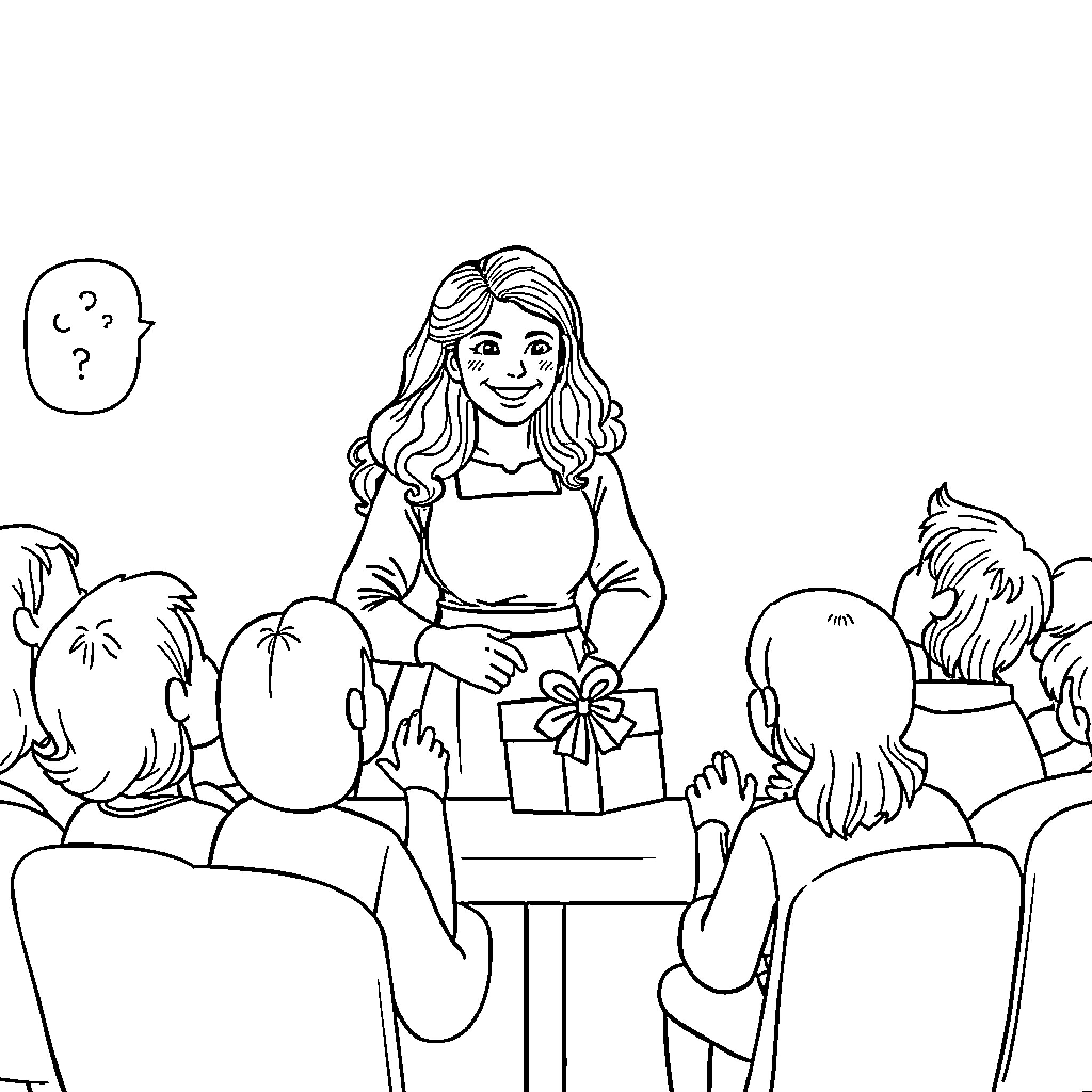 Gift of Happiness and Celebration Coloring Page (free black-and-white line drawing printable PDF for all, from beginners to advanced learners, including children, teens, adults, and seniors)