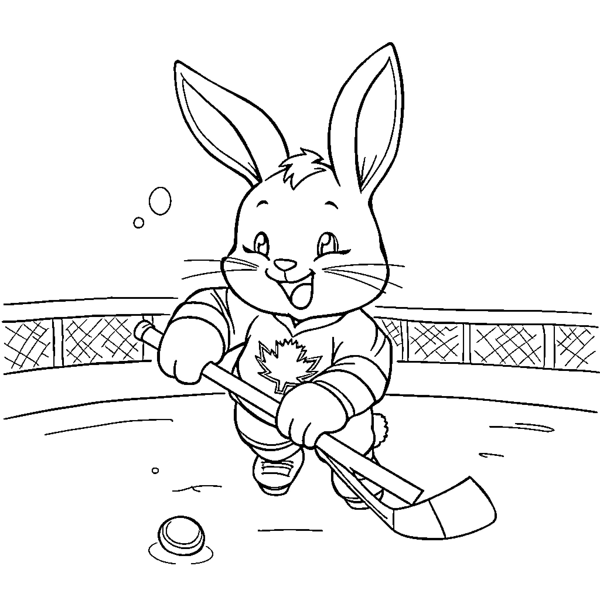 Bunny playing hockey on the rink Coloring Page (free black-and-white line drawing printable PDF for all, from beginners to advanced learners, including children, teens, adults, and seniors)