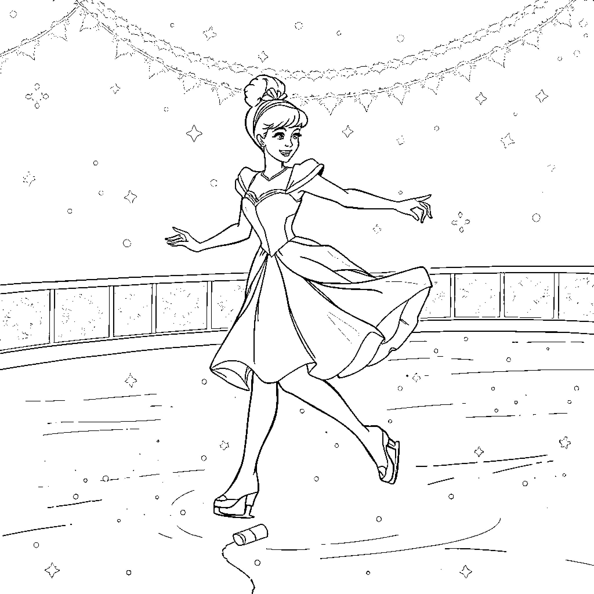 Cinderella ice skating gracefully in the rink Coloring Page (free black-and-white line drawing printable PDF for all, from beginners to advanced learners, including children, teens, adults, and seniors)