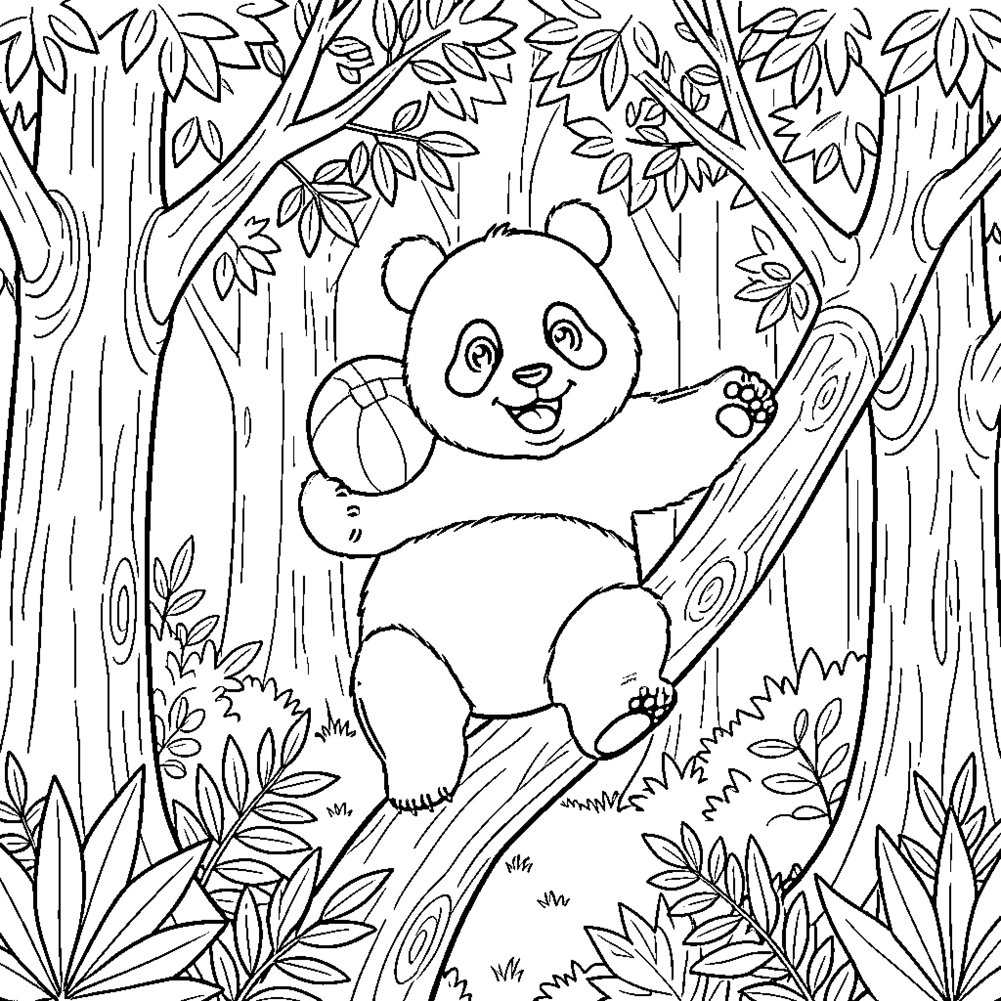Panda happily holding a ball while climbing a tree Coloring Page (free black-and-white line drawing printable PDF for all, from beginners to advanced learners, including children, teens, adults, and seniors)