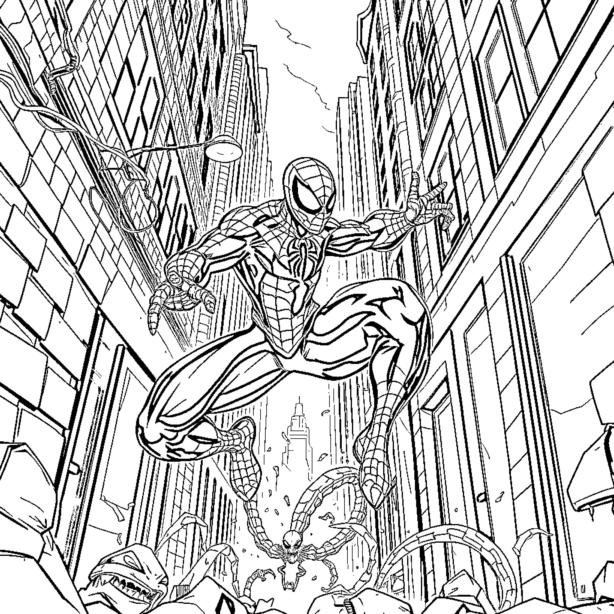 Spiderman swinging through the city skyline Coloring Page (free black-and-white line drawing printable PDF for all, from beginners to advanced learners, including children, teens, adults, and seniors)