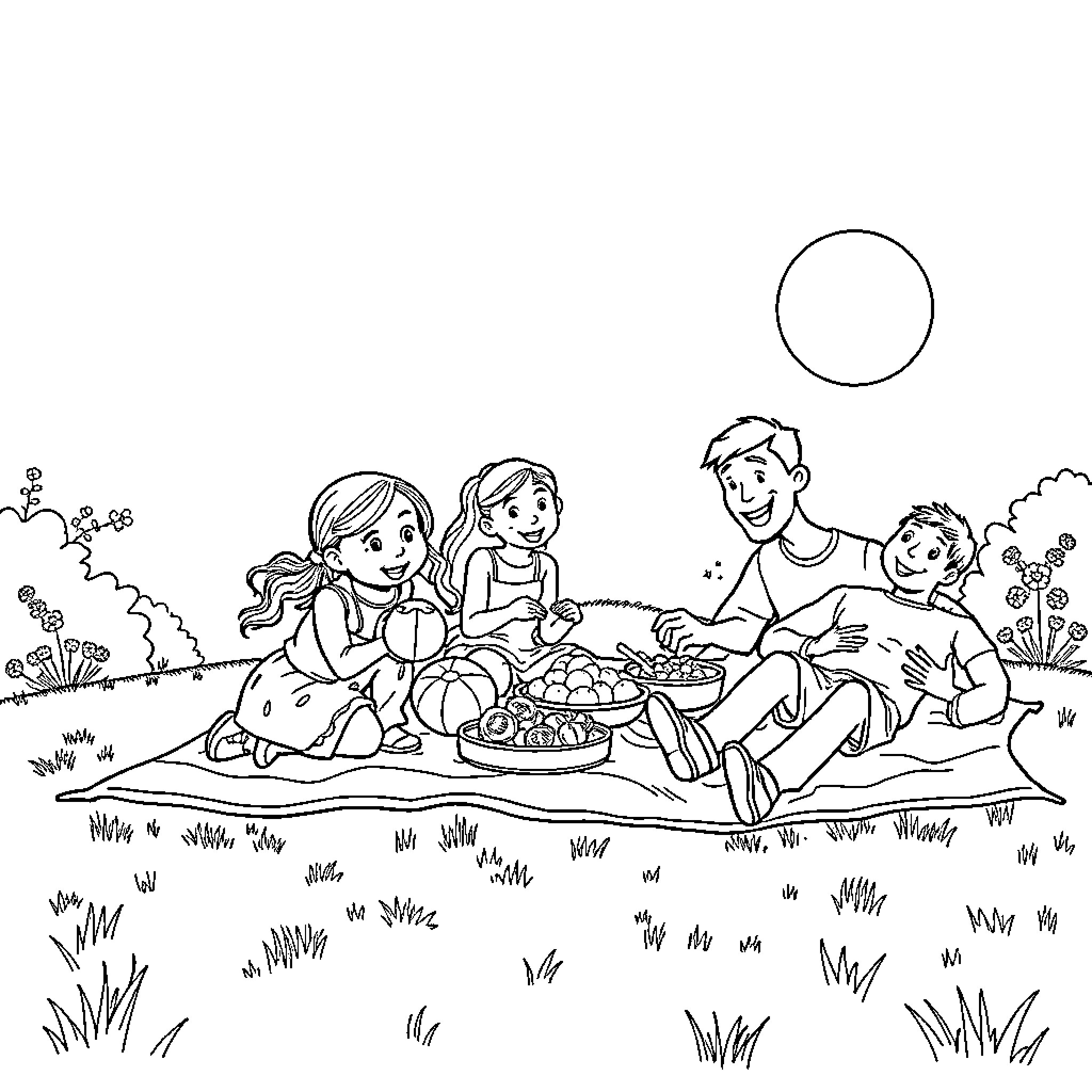 Family enjoying a picnic in the park Coloring Page (free black-and-white line drawing printable PDF for all, from beginners to advanced learners, including children, teens, adults, and seniors)