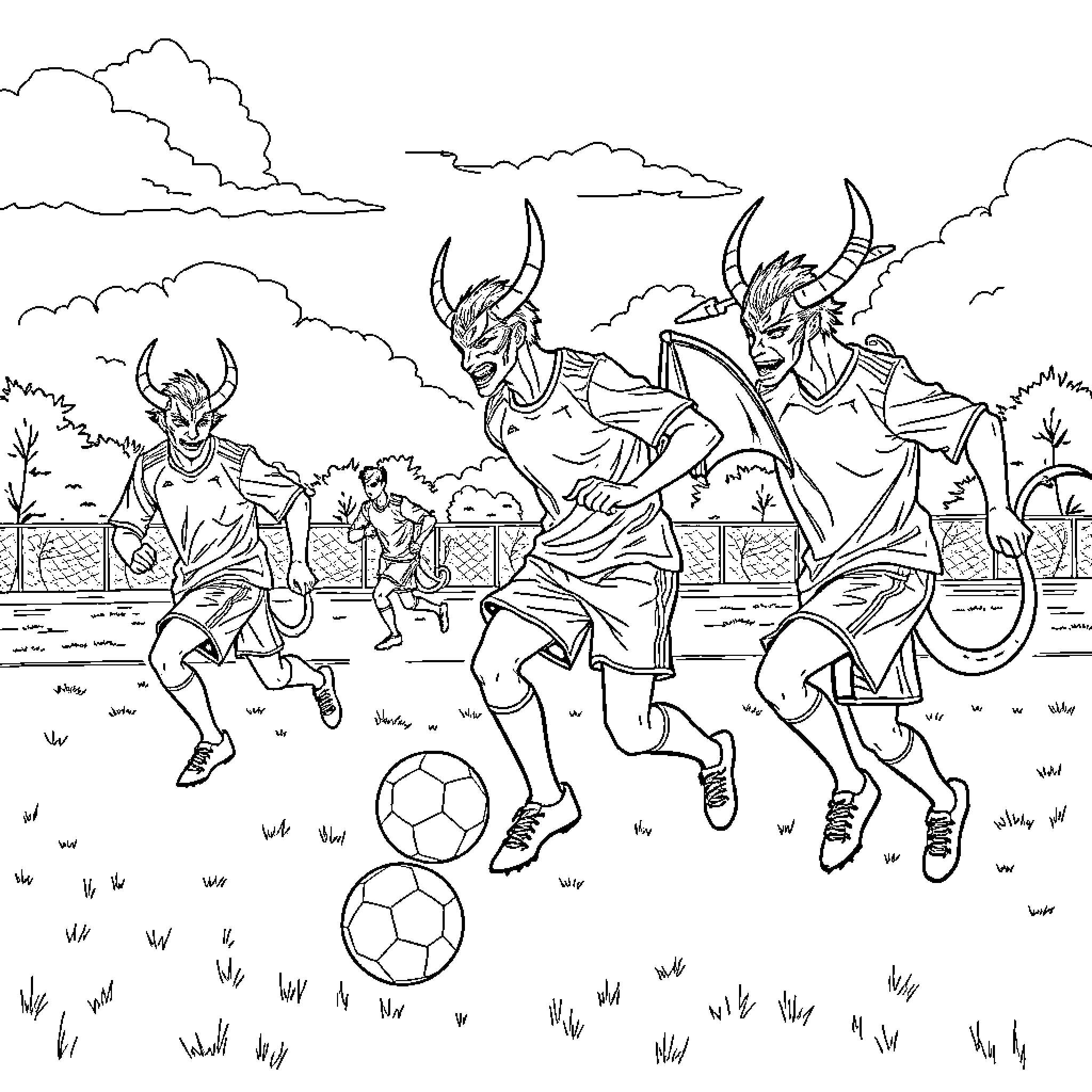 Kpop Demon Hunters playing soccer on a field Coloring Page (free black-and-white line drawing printable PDF for all, from beginners to advanced learners, including children, teens, adults, and seniors)