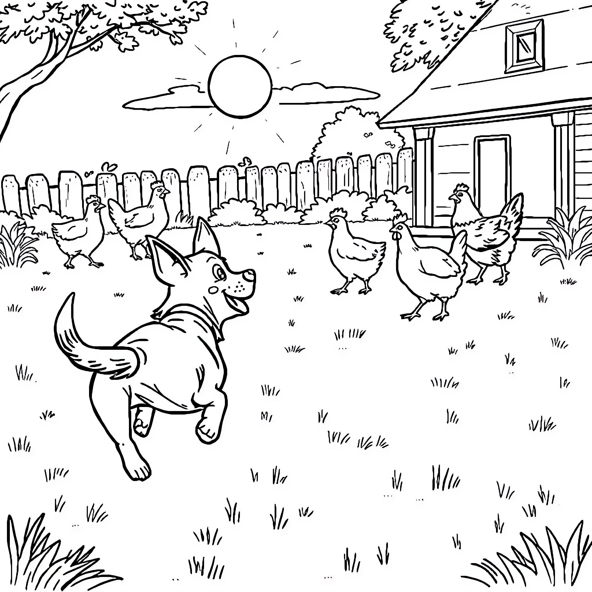 Dog chasing playful chickens on a farm Coloring Page (free black-and-white line drawing printable PDF for all, from beginners to advanced learners, including children, teens, adults, and seniors)