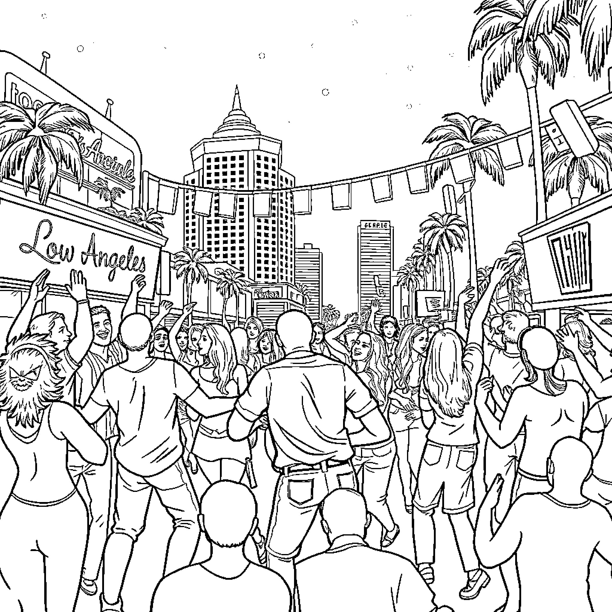 Los Revelers Celebrating in Vibrant City Streets Coloring Page (free black-and-white line drawing printable PDF for all, from beginners to advanced learners, including children, teens, adults, and seniors)