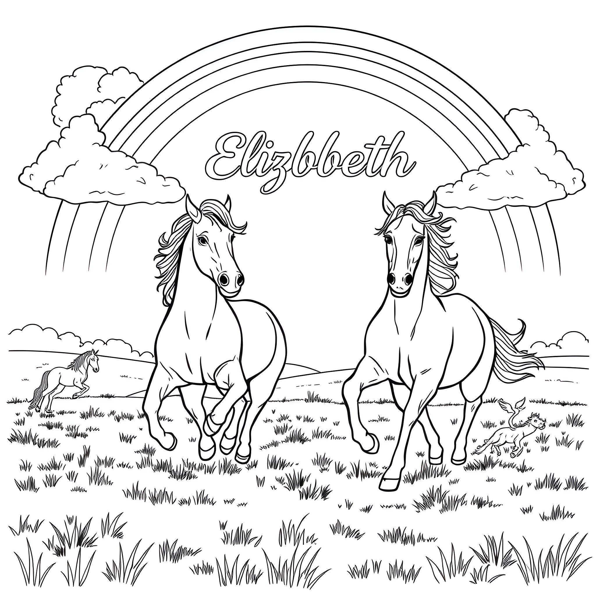 Horses running joyfully under a rainbow Coloring Page (free black-and-white line drawing printable PDF for all, from beginners to advanced learners, including children, teens, adults, and seniors)