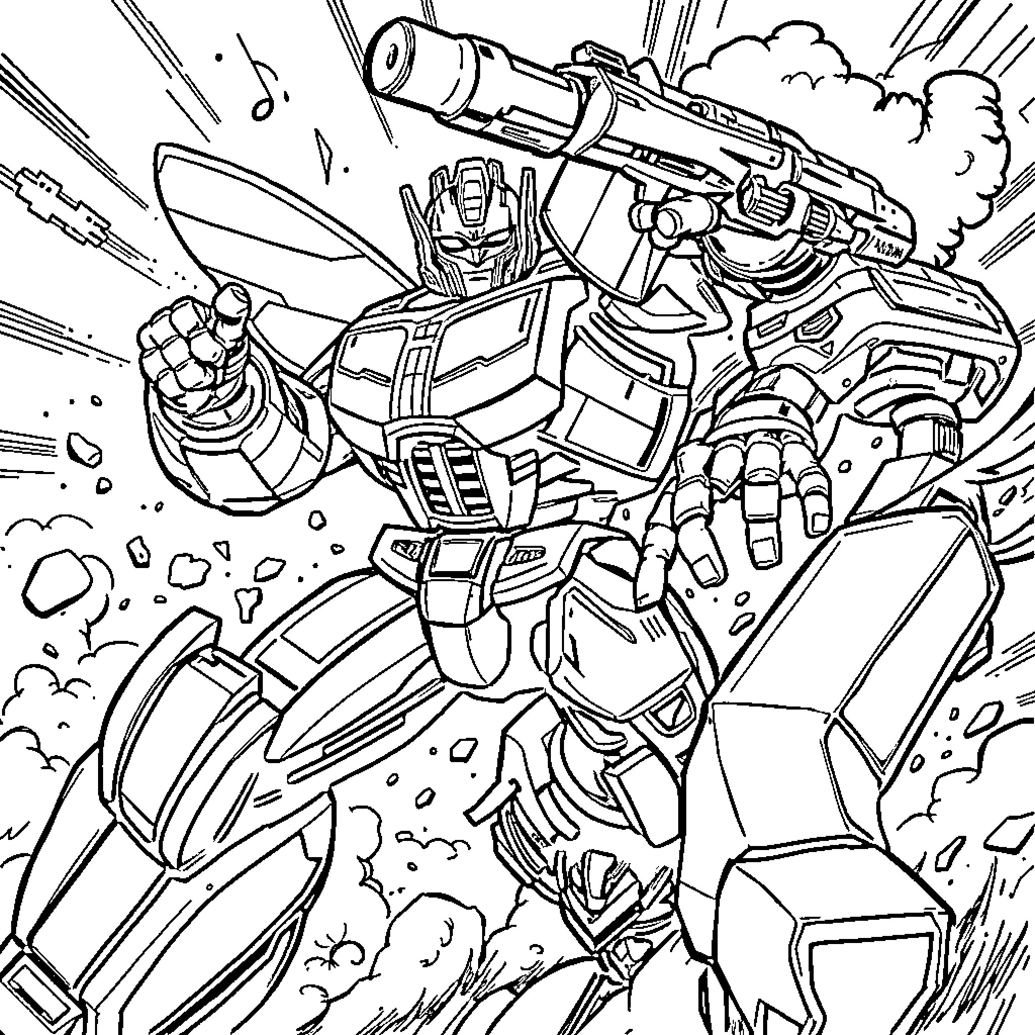 Bumblebee in action-packed combat scene Coloring Page (free black-and-white line drawing printable PDF for all, from beginners to advanced learners, including children, teens, adults, and seniors)