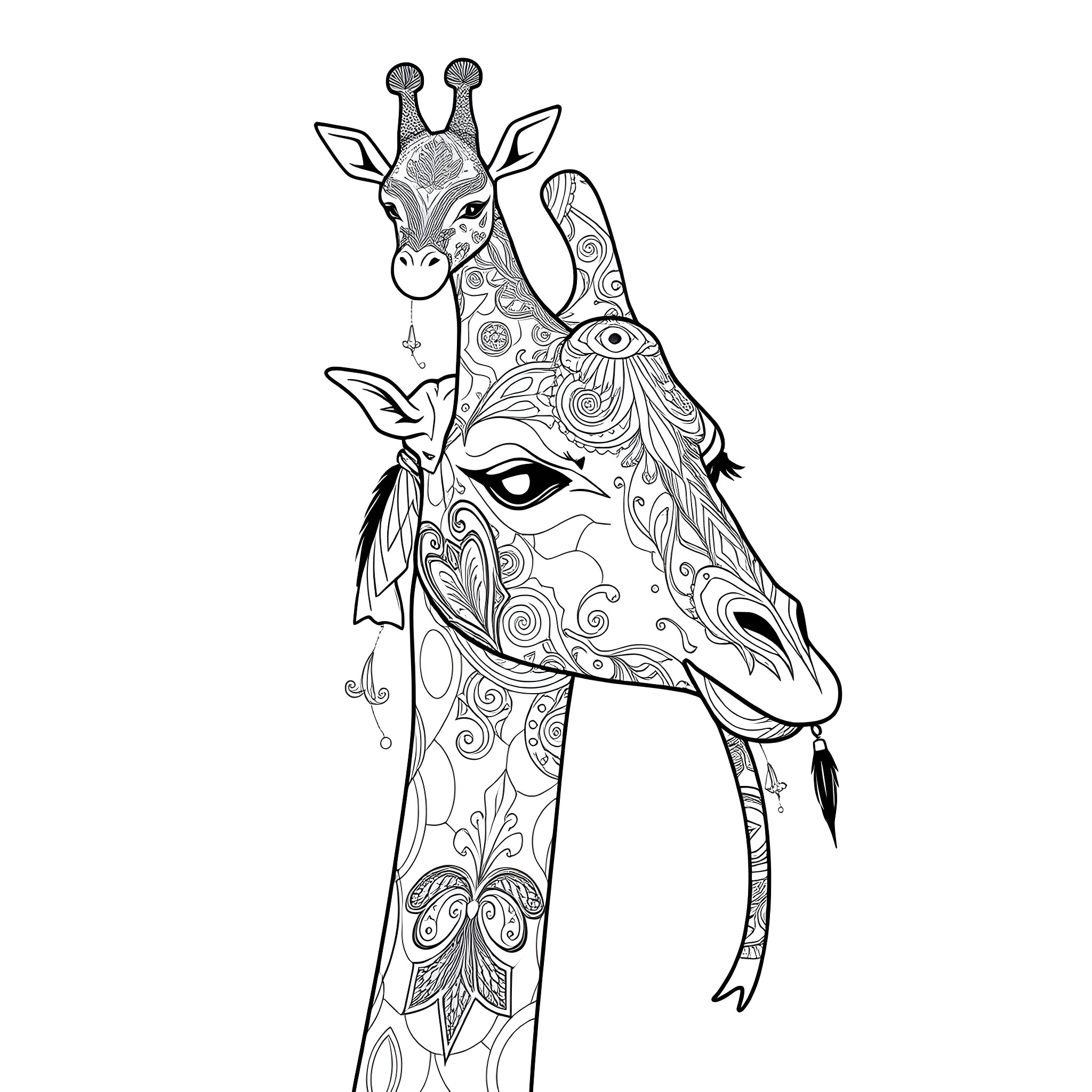 Giraffe with intricate floral patterns Coloring Page (free black-and-white line drawing printable PDF for all, from beginners to advanced learners, including children, teens, adults, and seniors)