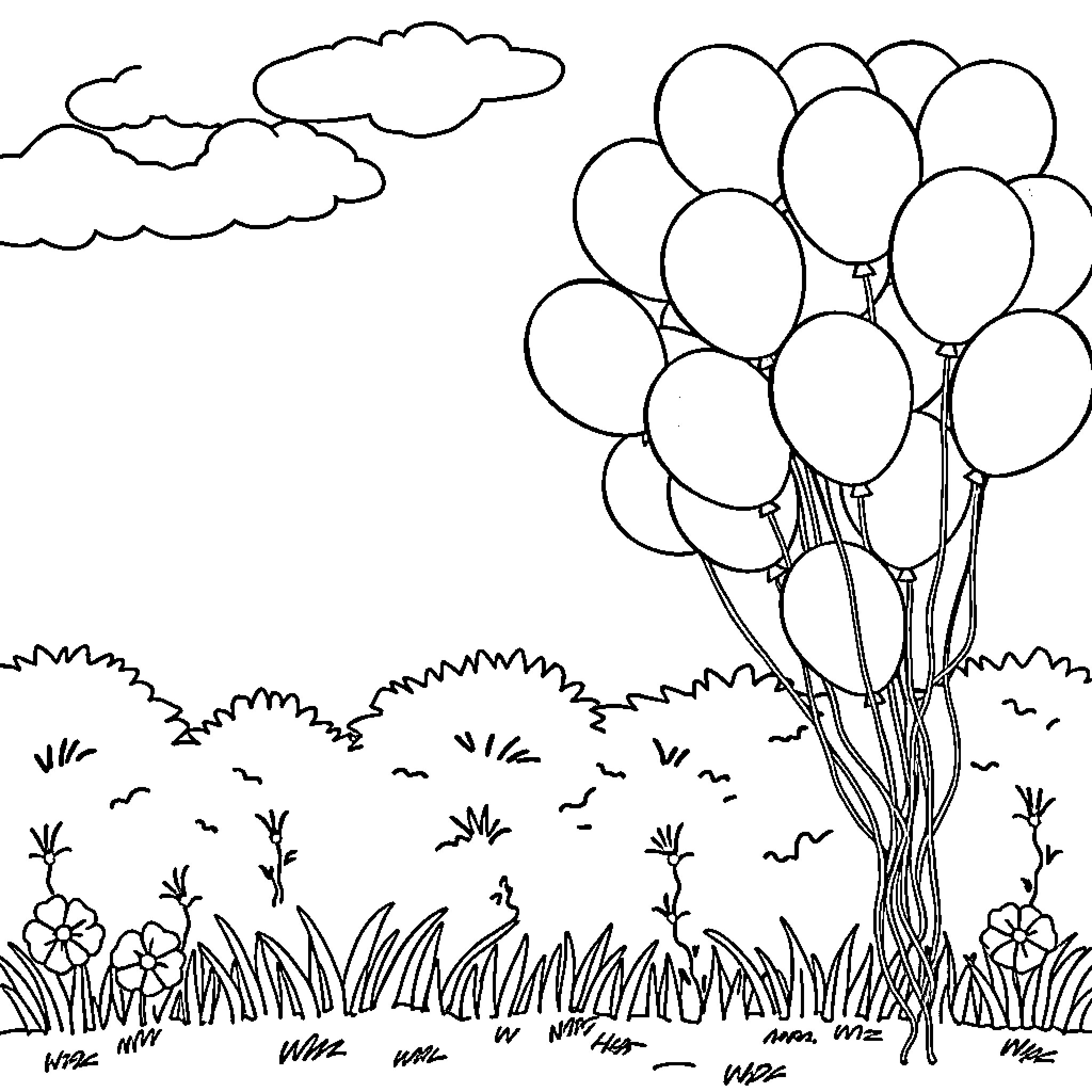 Balloon Bunch Floating in the Meadow Coloring Page (free black-and-white line drawing printable PDF for all, from beginners to advanced learners, including children, teens, adults, and seniors)
