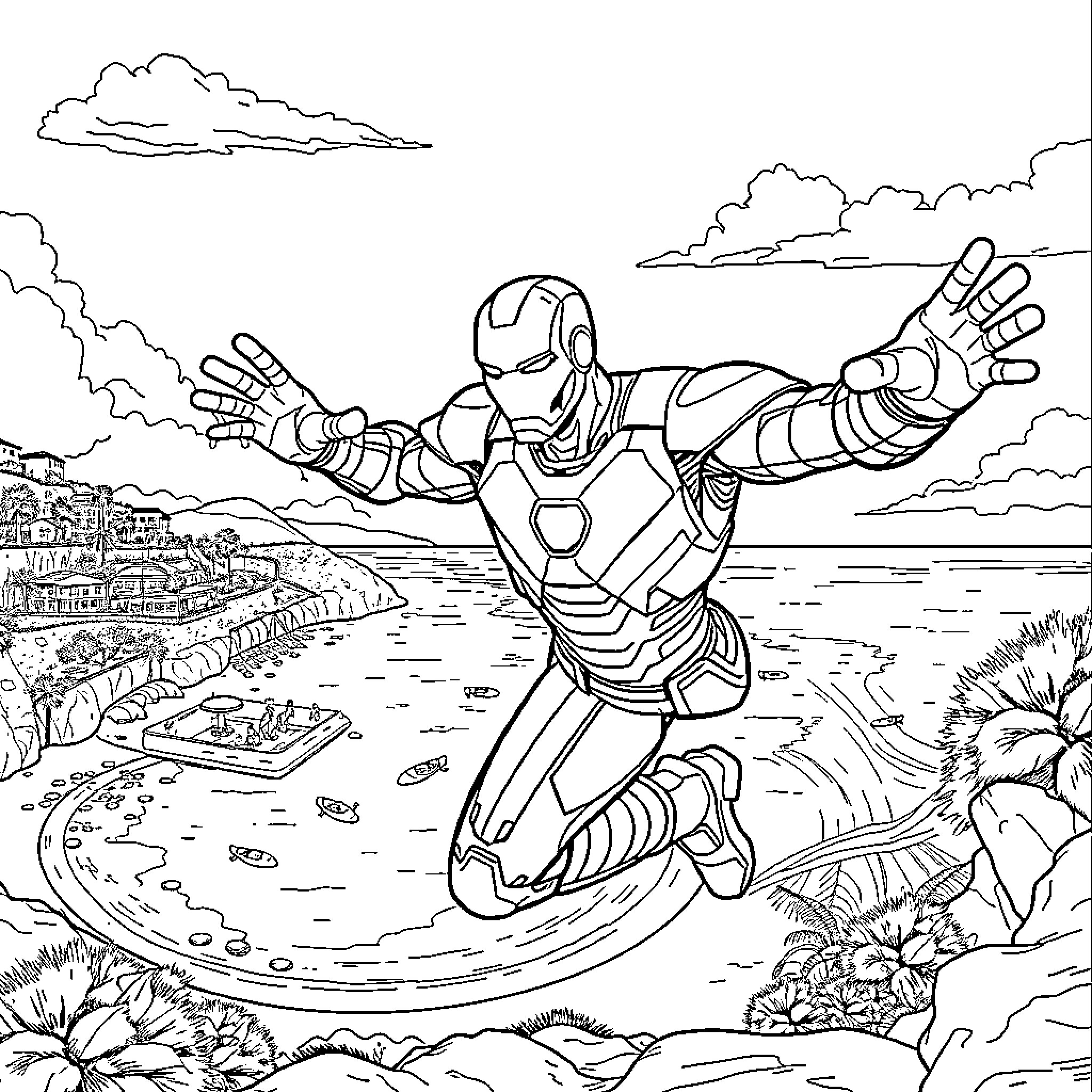 Iron Man soaring over a scenic landscape Coloring Page (free black-and-white line drawing printable PDF for all, from beginners to advanced learners, including children, teens, adults, and seniors)