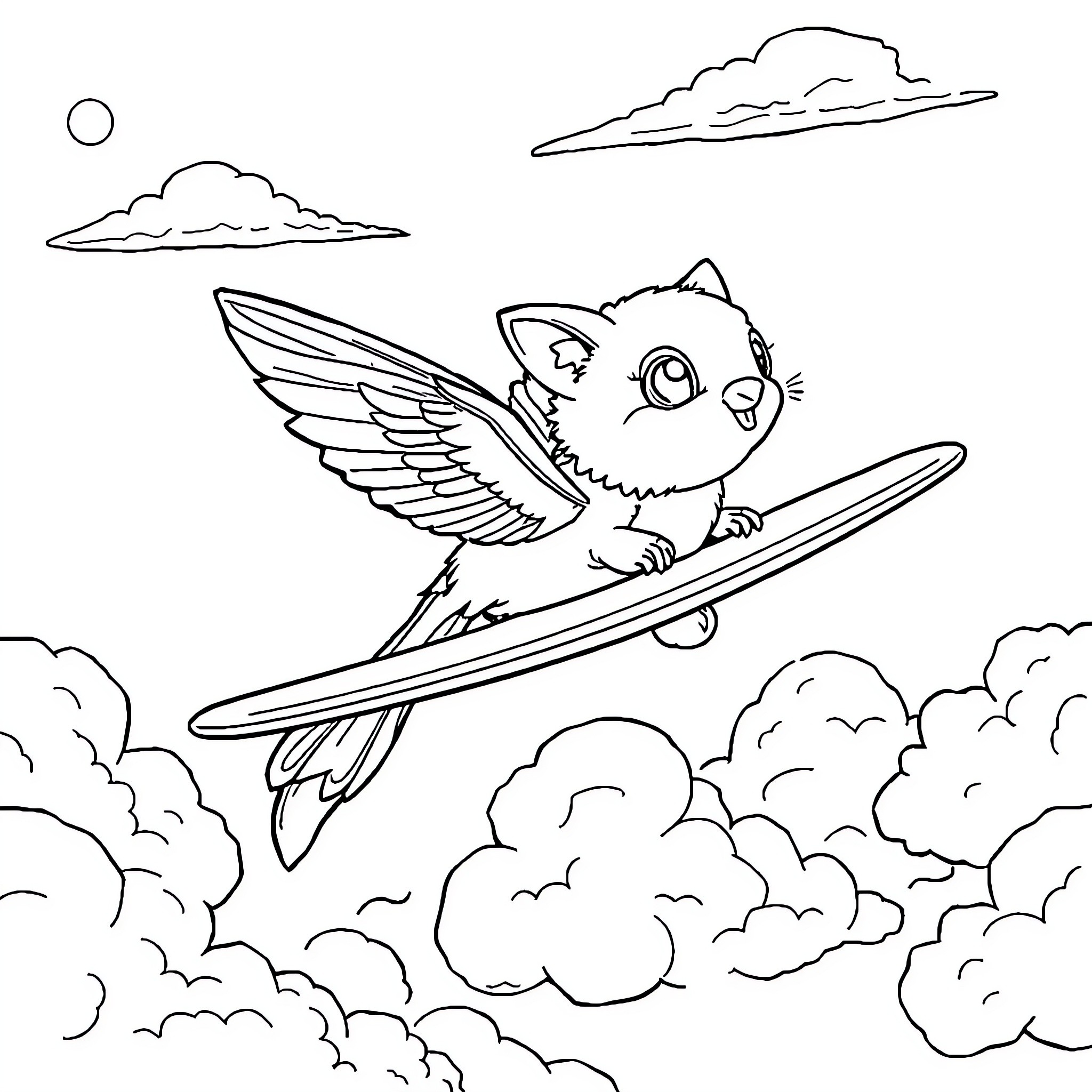 Capybara flying on a surfboard in the clouds Coloring Page (free black-and-white line drawing printable PDF for all, from beginners to advanced learners, including children, teens, adults, and seniors)