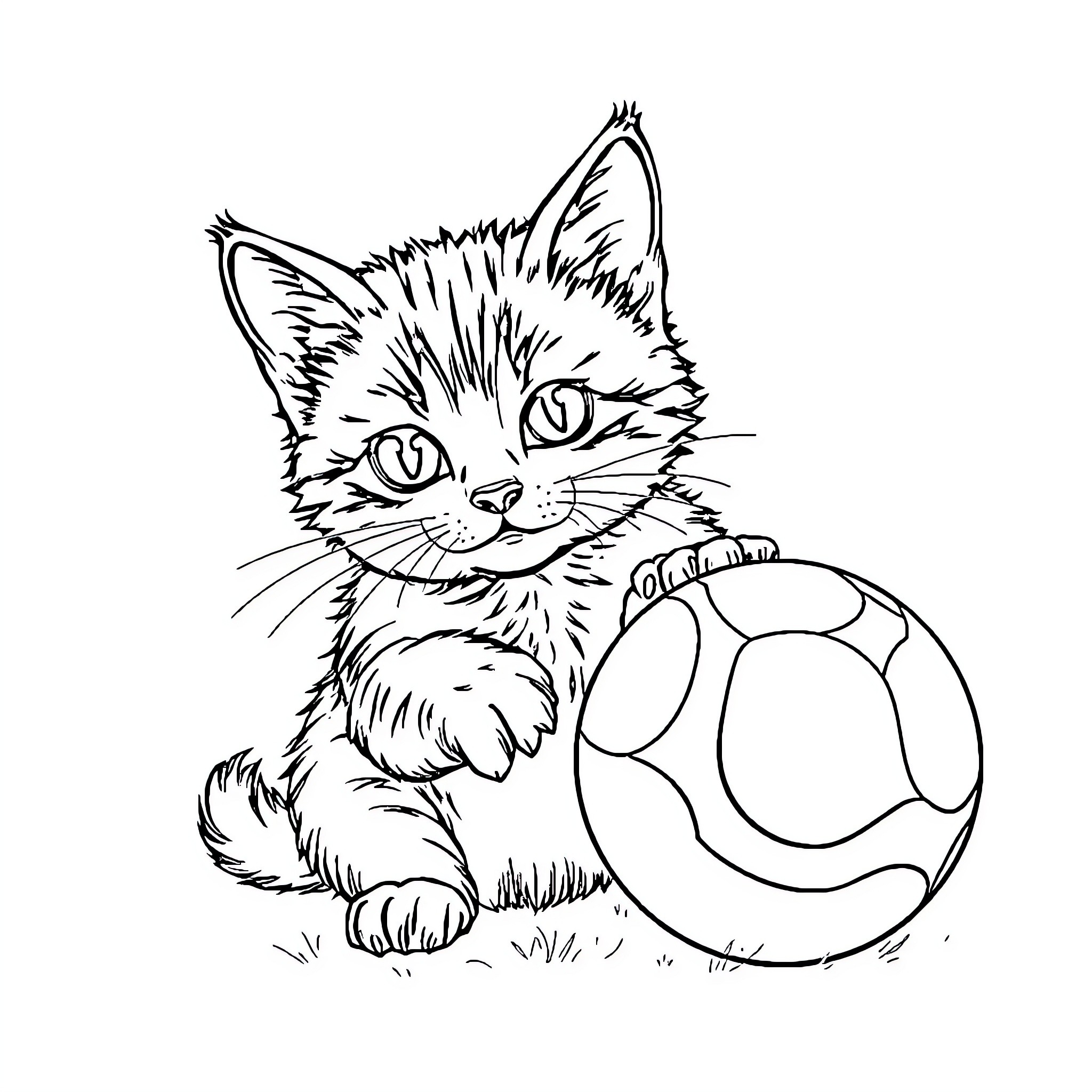 Cat playing with a ball on the grass Coloring Page (free black-and-white line drawing printable PDF for all, from beginners to advanced learners, including children, teens, adults, and seniors)