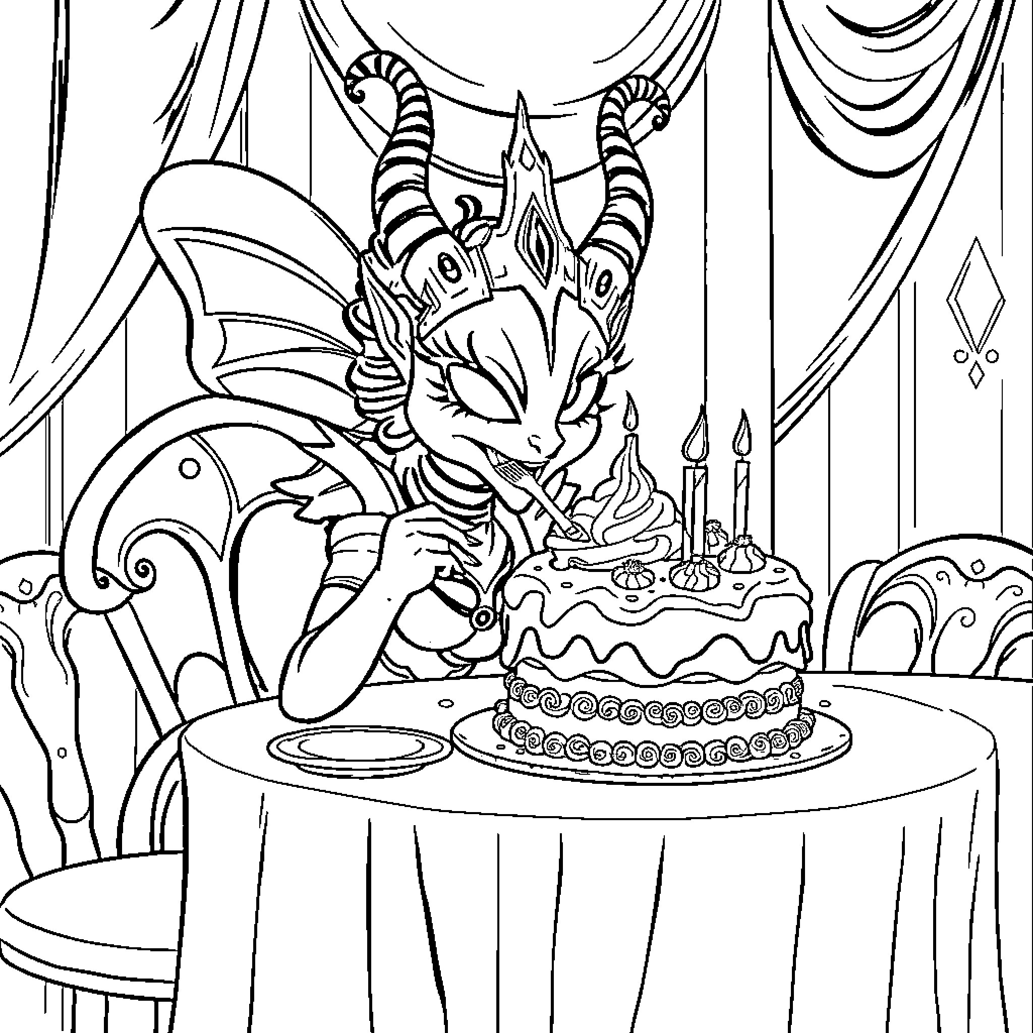 Queen Chrysalis Celebrating Birthday with Cake Coloring Page (free black-and-white line drawing printable PDF for all, from beginners to advanced learners, including children, teens, adults, and seniors)