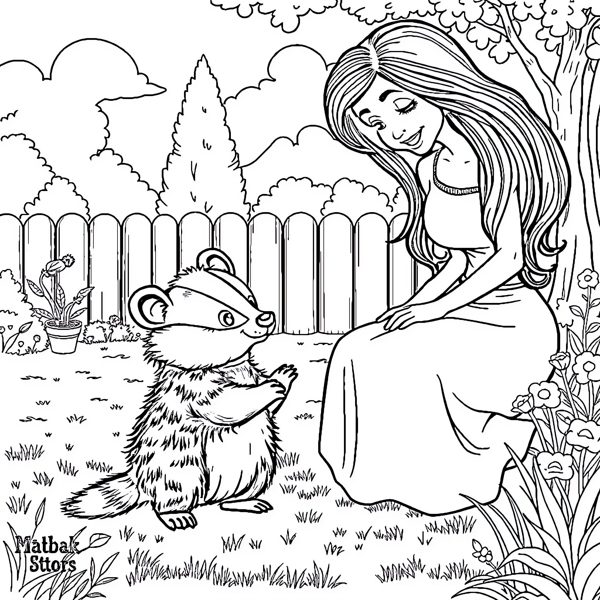 Badger Befriends the Forest Maiden Coloring Page (free black-and-white line drawing printable PDF for all, from beginners to advanced learners, including children, teens, adults, and seniors)