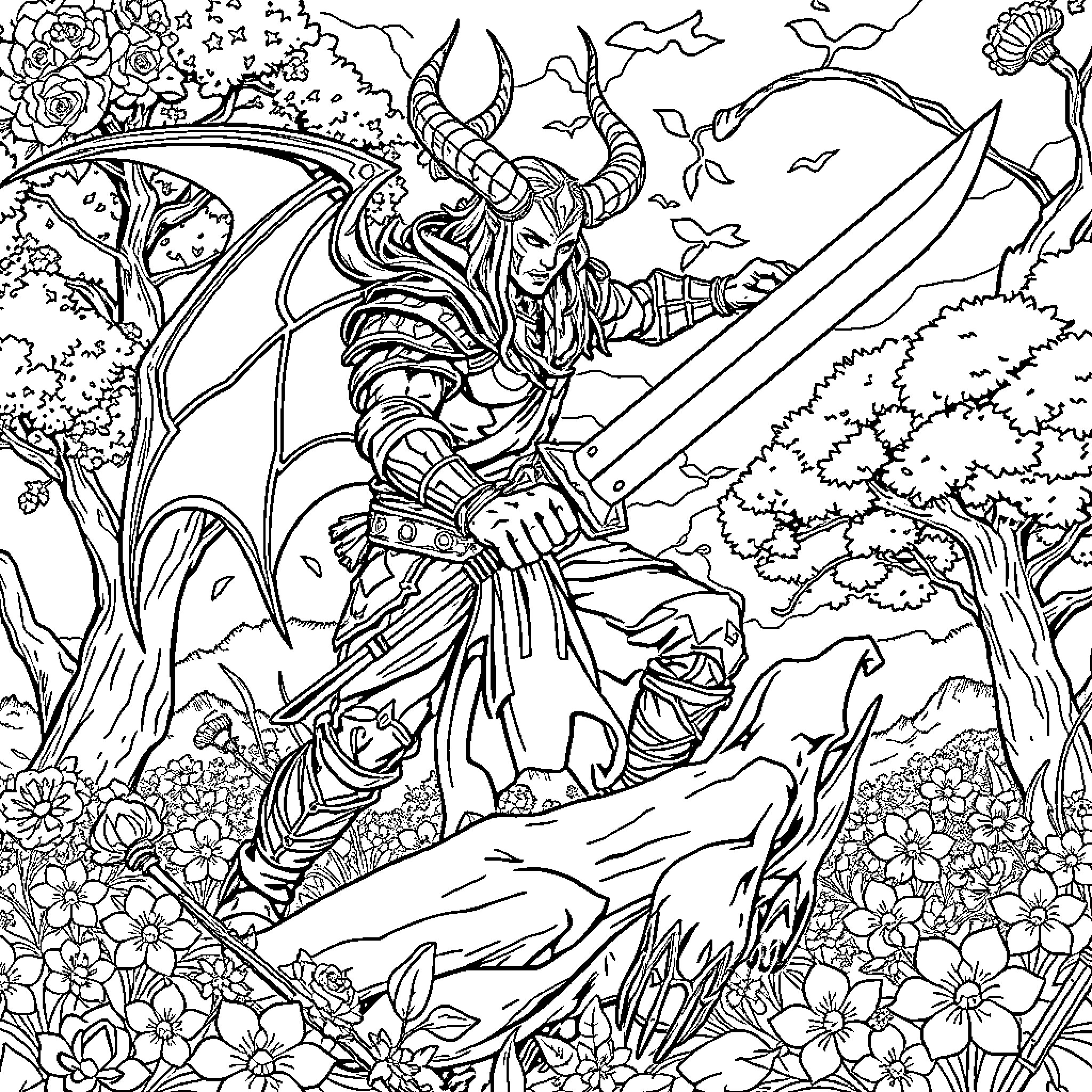 Demon Slayer Warrior Wielding Sword in Floral Landscape Coloring Page (free black-and-white line drawing printable PDF for all, from beginners to advanced learners, including children, teens, adults, and seniors)