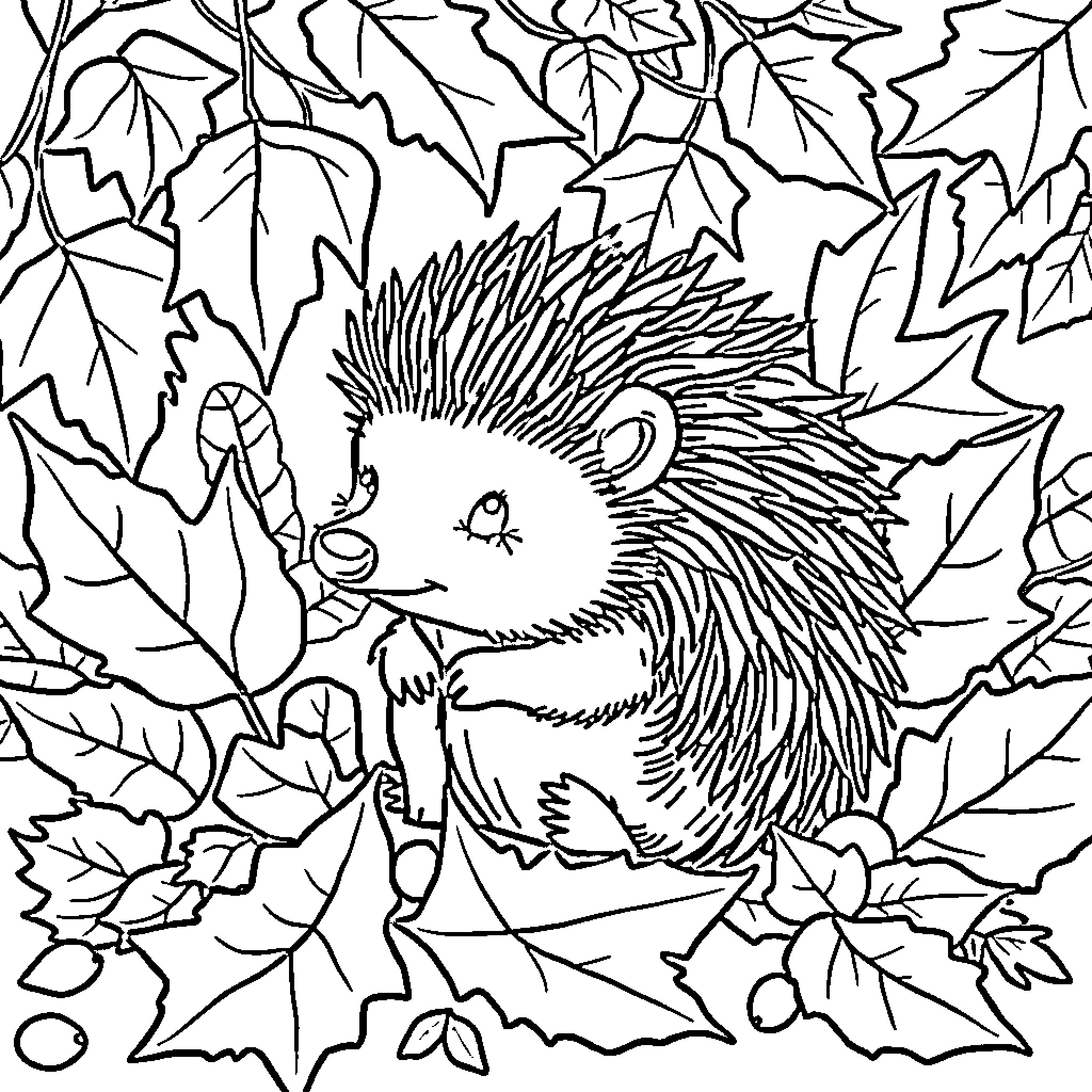 Hedgehog exploring the autumn leaves Coloring Page (free black-and-white line drawing printable PDF for all, from beginners to advanced learners, including children, teens, adults, and seniors)