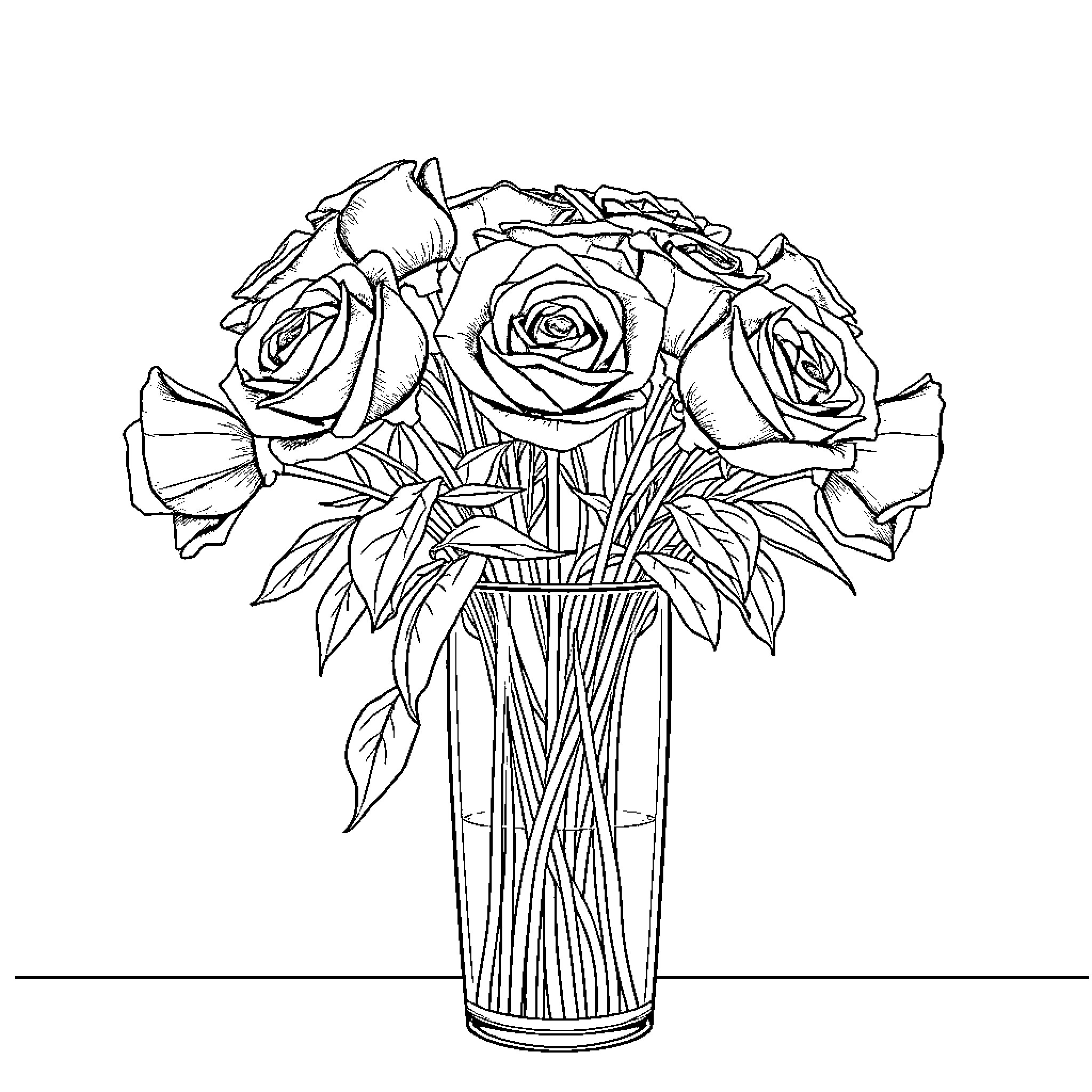 Rose bouquet in glass vase Coloring Page (free black-and-white line drawing printable PDF for all, from beginners to advanced learners, including children, teens, adults, and seniors)