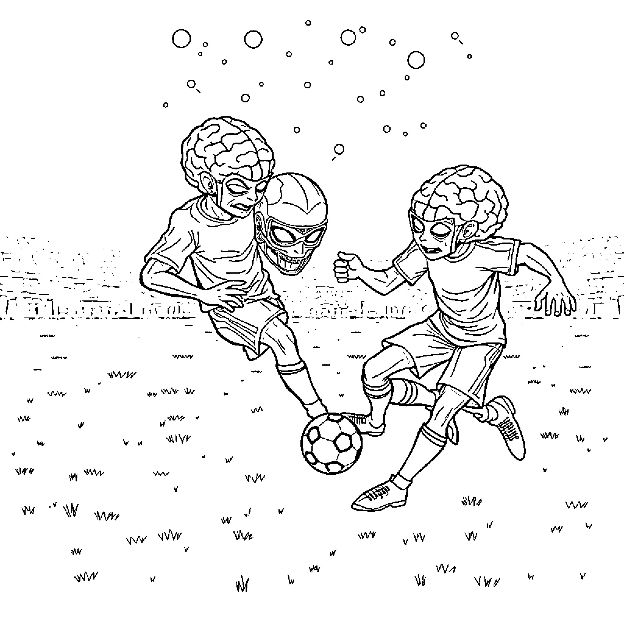 Brain Rot Soccer Players in a Playful Match Coloring Page (free black-and-white line drawing printable PDF for all, from beginners to advanced learners, including children, teens, adults, and seniors)