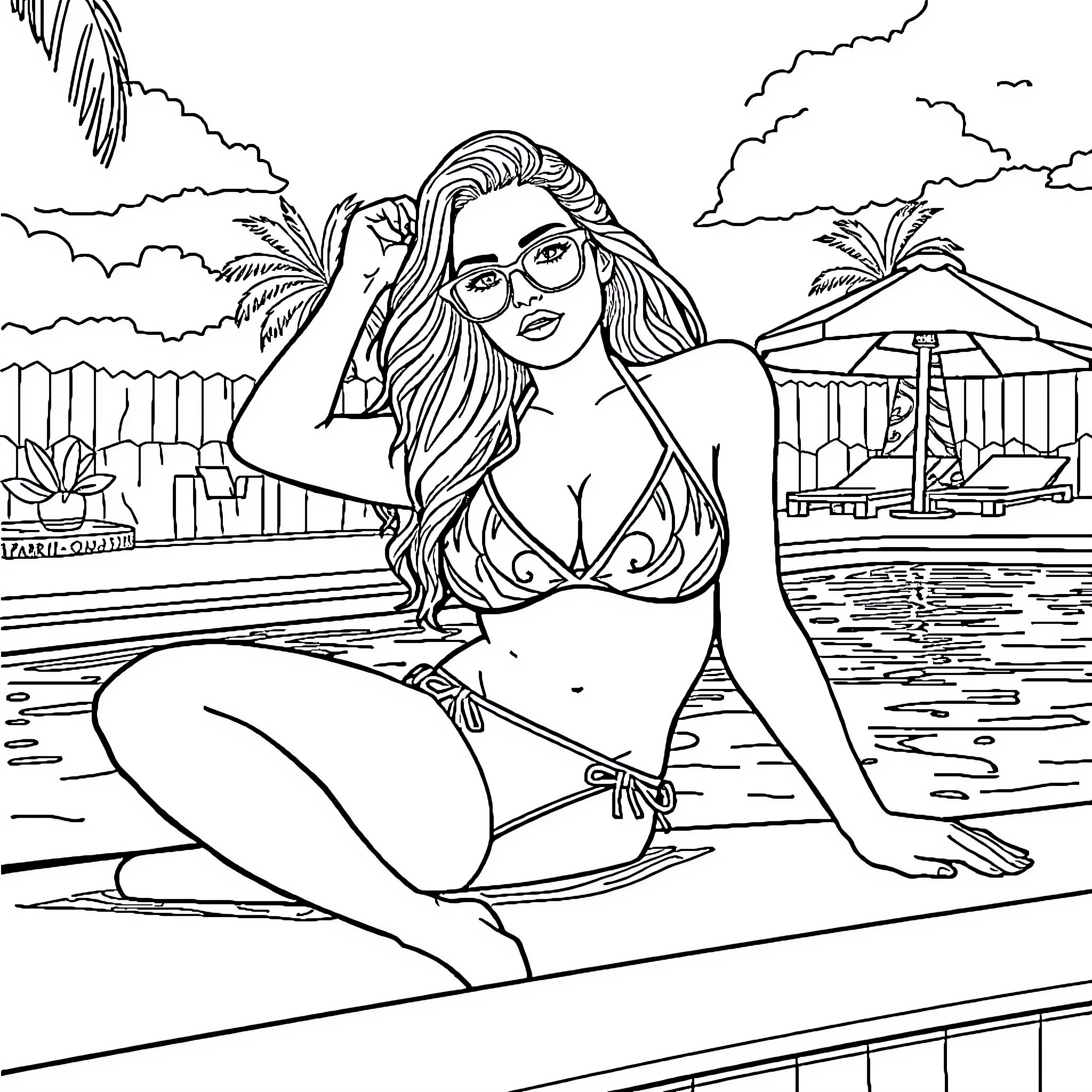Sabrina Carpenter relaxing at the beach Coloring Page (free black-and-white line drawing printable PDF for all, from beginners to advanced learners, including children, teens, adults, and seniors)