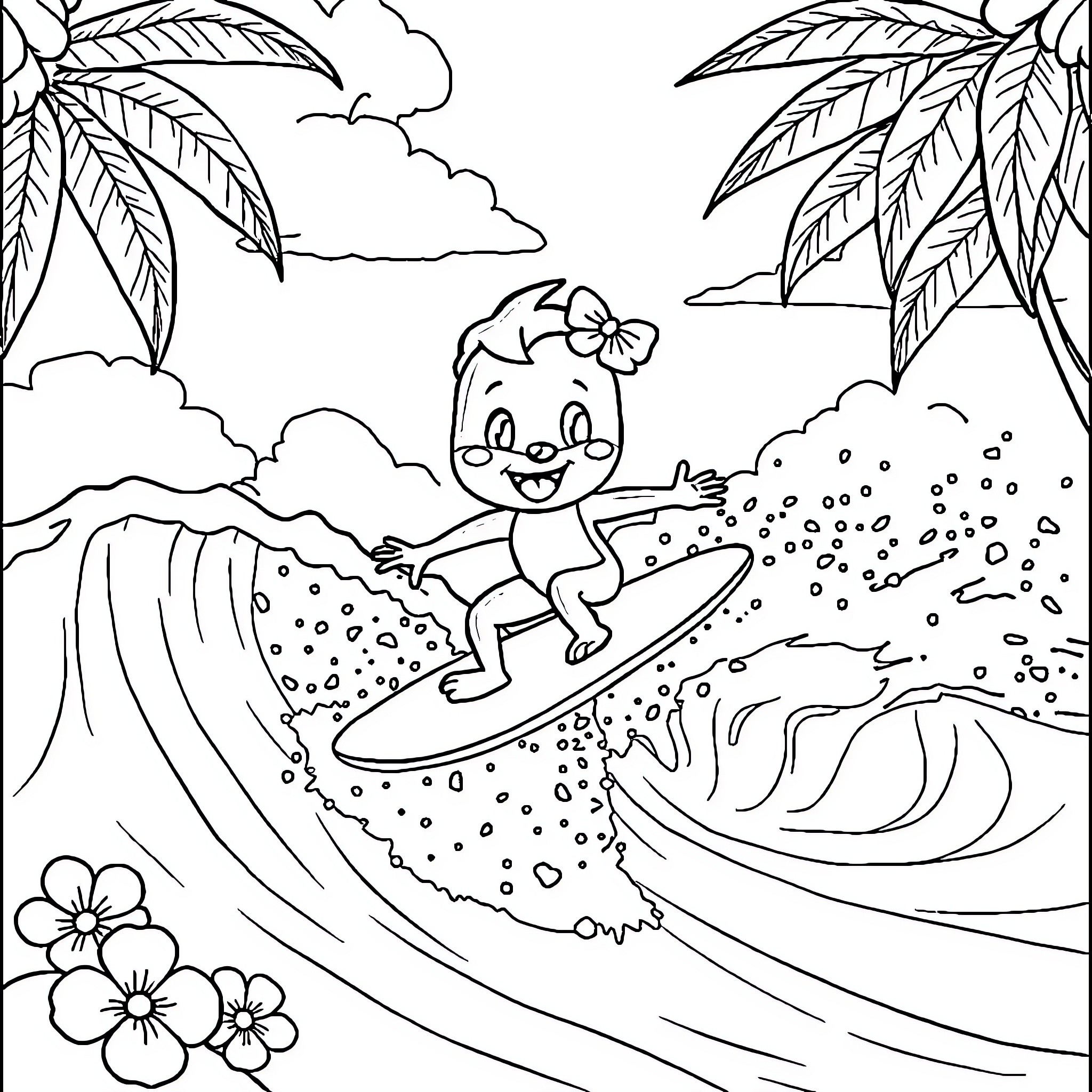 Bluey surfing in the tropical paradise Coloring Page (free black-and-white line drawing printable PDF for all, from beginners to advanced learners, including children, teens, adults, and seniors)