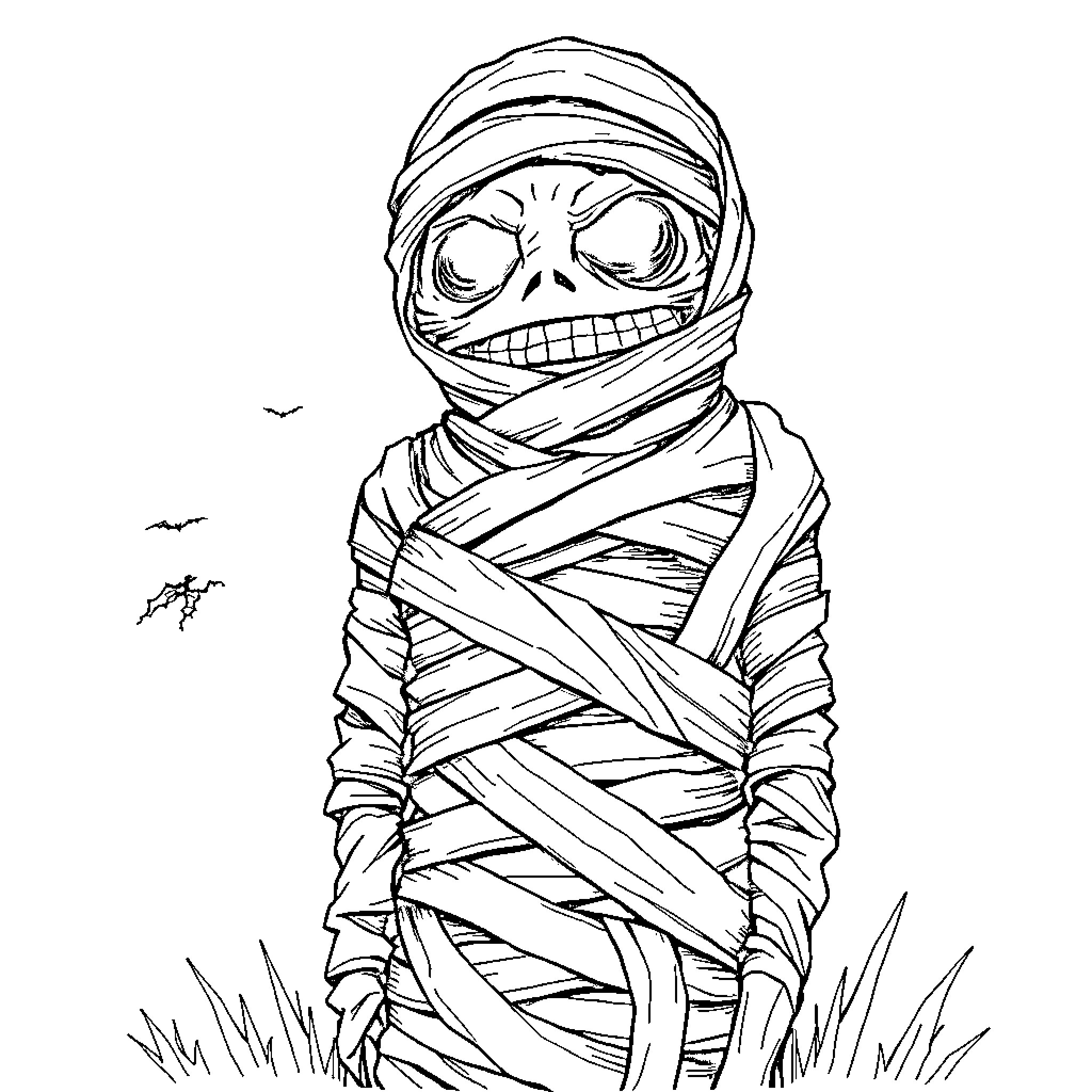 Mummy emerging from the tomb Coloring Page (free black-and-white line drawing printable PDF for all, from beginners to advanced learners, including children, teens, adults, and seniors)