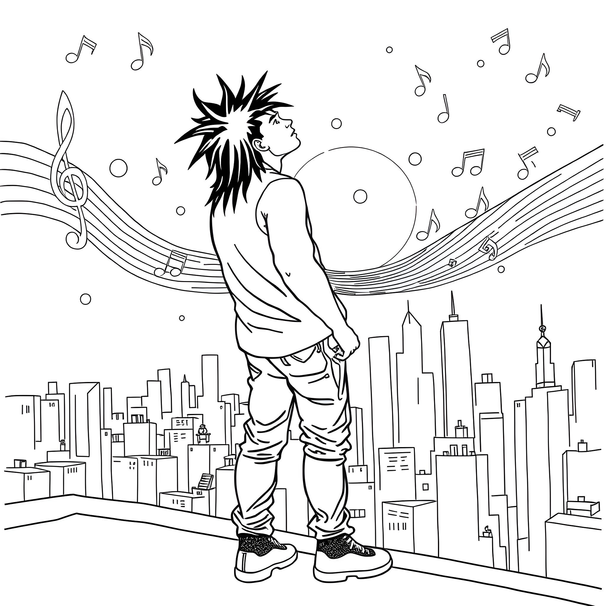 Juice Wrld's musical journey in the city Coloring Page (free black-and-white line drawing printable PDF for all, from beginners to advanced learners, including children, teens, adults, and seniors)