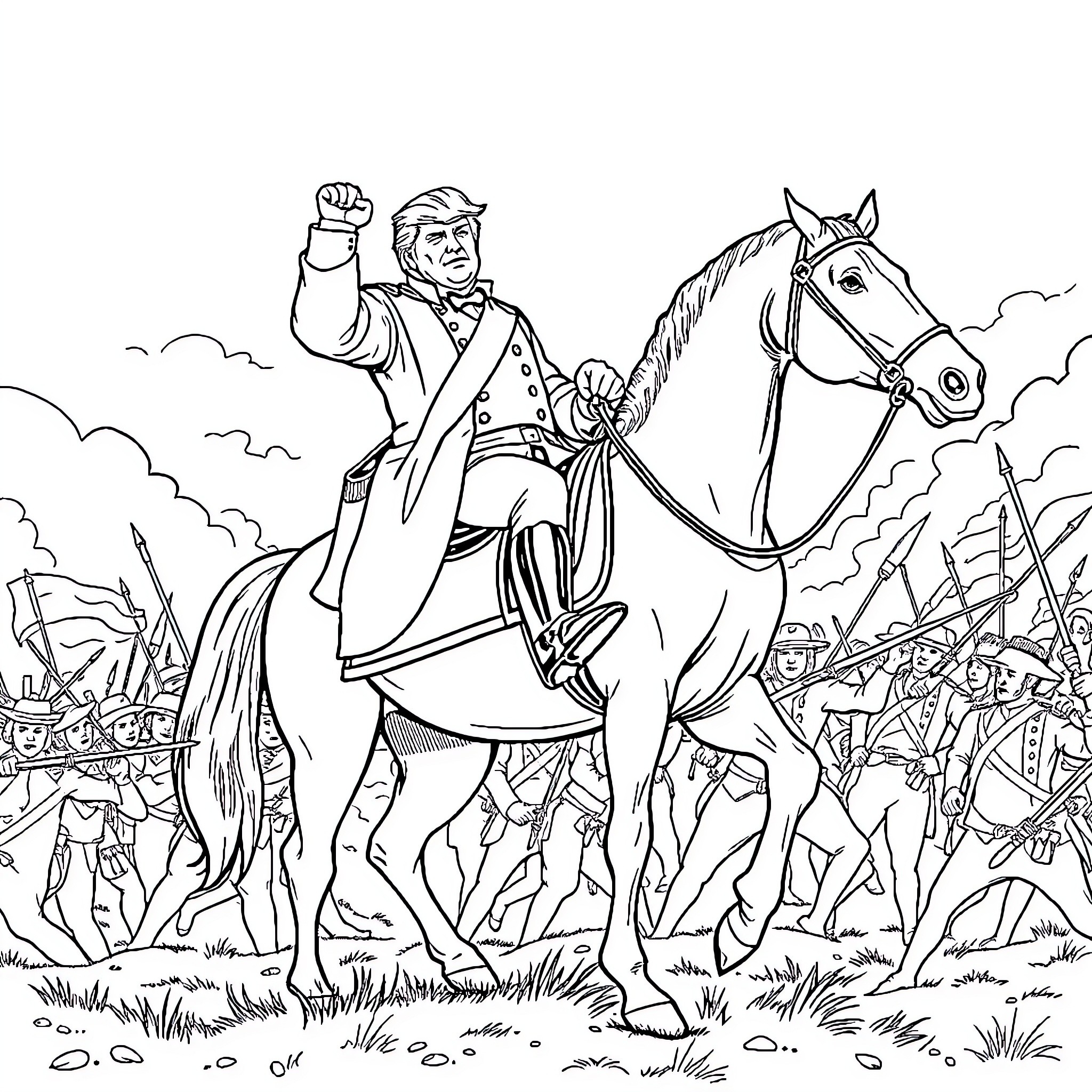 Trump Leading His Troops into Battle on Horseback Coloring Page (free black-and-white line drawing printable PDF for all, from beginners to advanced learners, including children, teens, adults, and seniors)