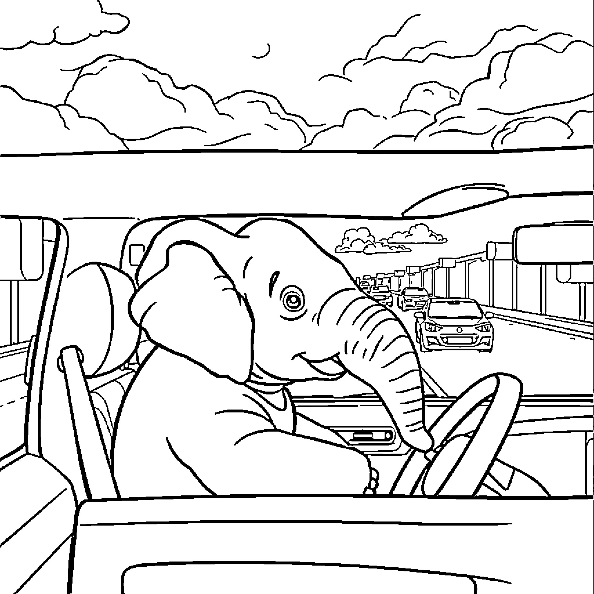 Elephant driving a car on the highway Coloring Page (free black-and-white line drawing printable PDF for all, from beginners to advanced learners, including children, teens, adults, and seniors)