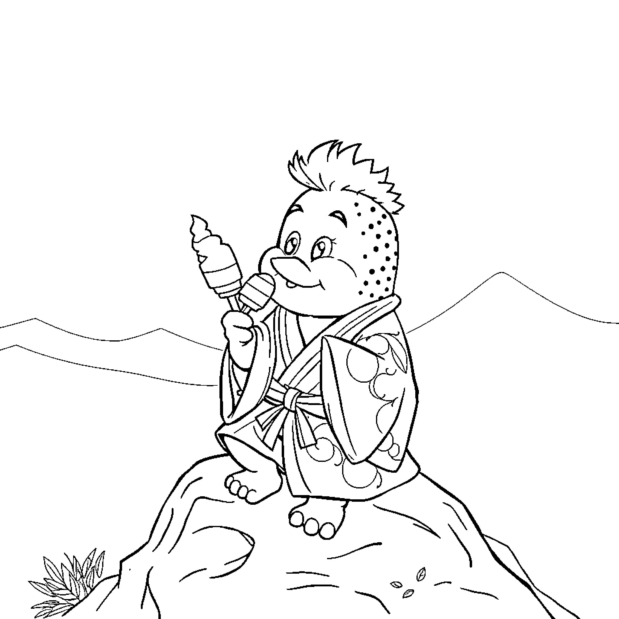 Spongebob enjoying an ice cream on a mountain Coloring Page (free black-and-white line drawing printable PDF for all, from beginners to advanced learners, including children, teens, adults, and seniors)
