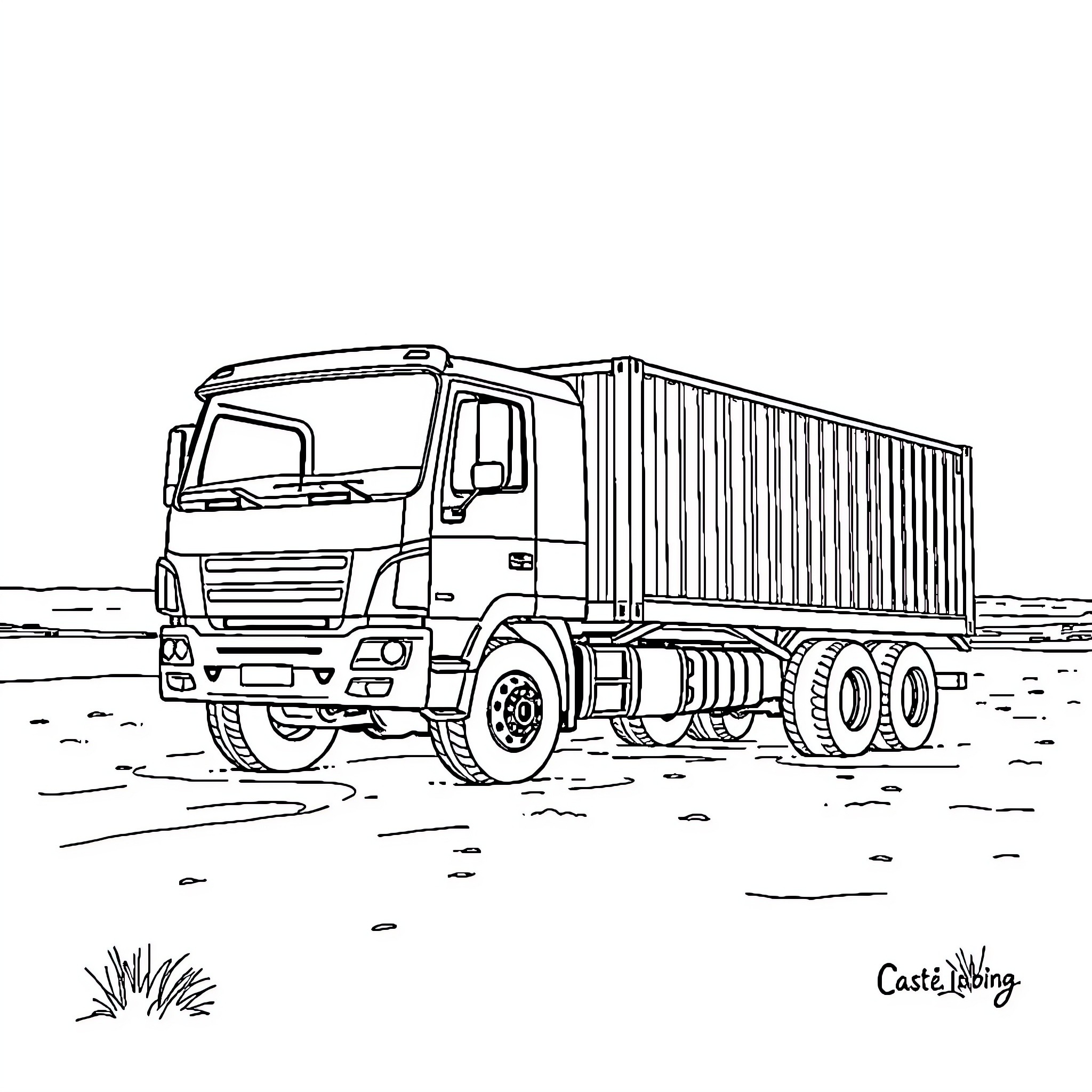 Truck hauling cargo container on rural road Coloring Page (free black-and-white line drawing printable PDF for all, from beginners to advanced learners, including children, teens, adults, and seniors)