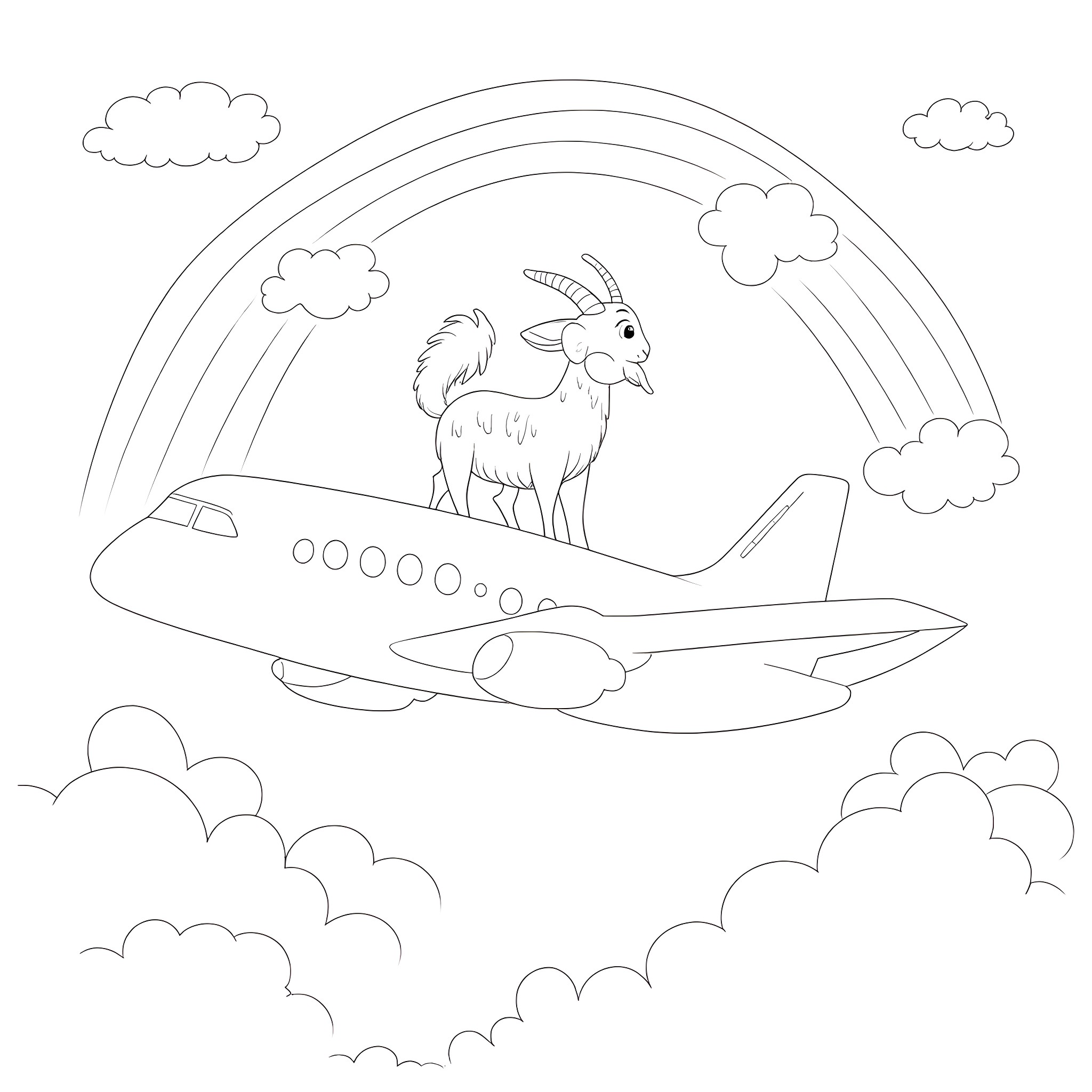 Airplane flying with a goat in the sky Coloring Page (free black-and-white line drawing printable PDF for all, from beginners to advanced learners, including children, teens, adults, and seniors)