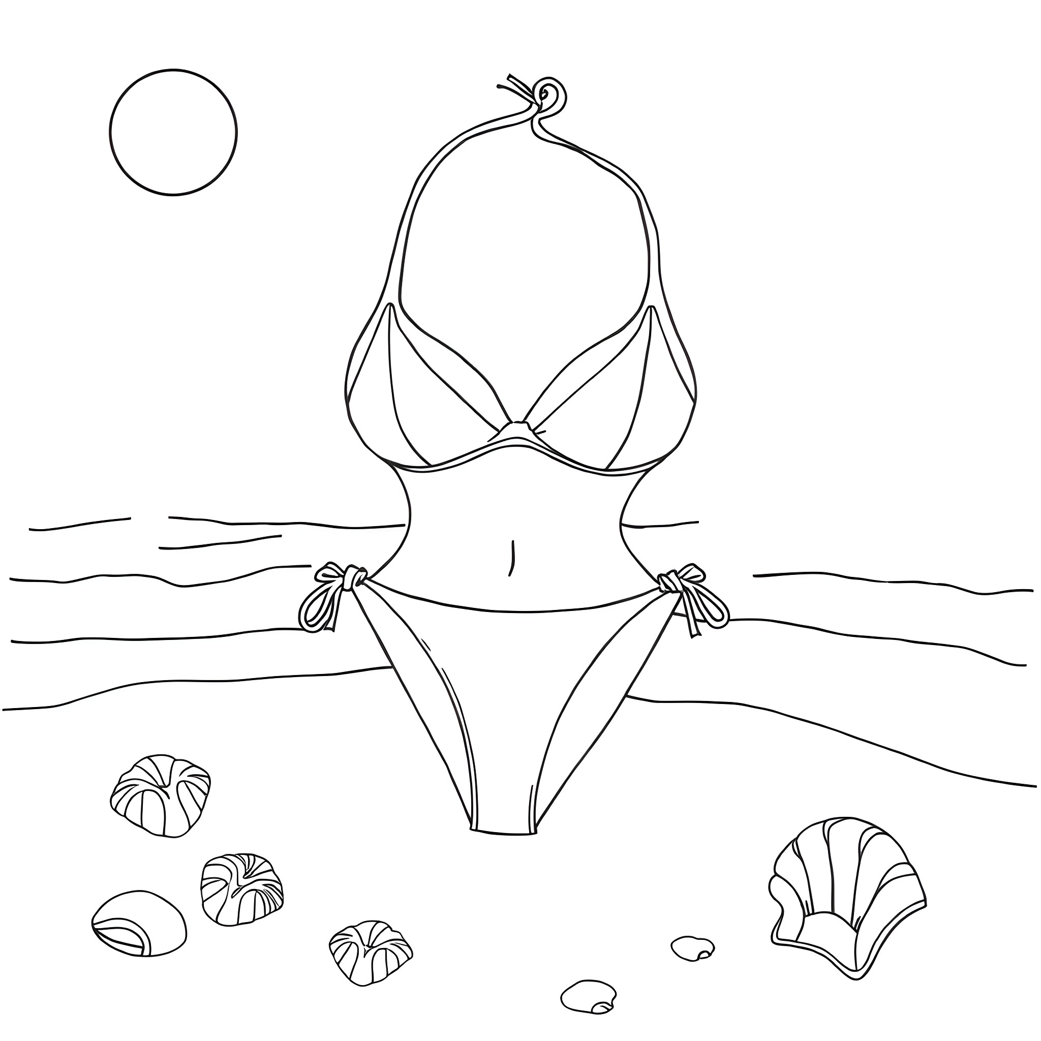 Bikini-clad figure relaxing on the beach Coloring Page (free black-and-white line drawing printable PDF for all, from beginners to advanced learners, including children, teens, adults, and seniors)