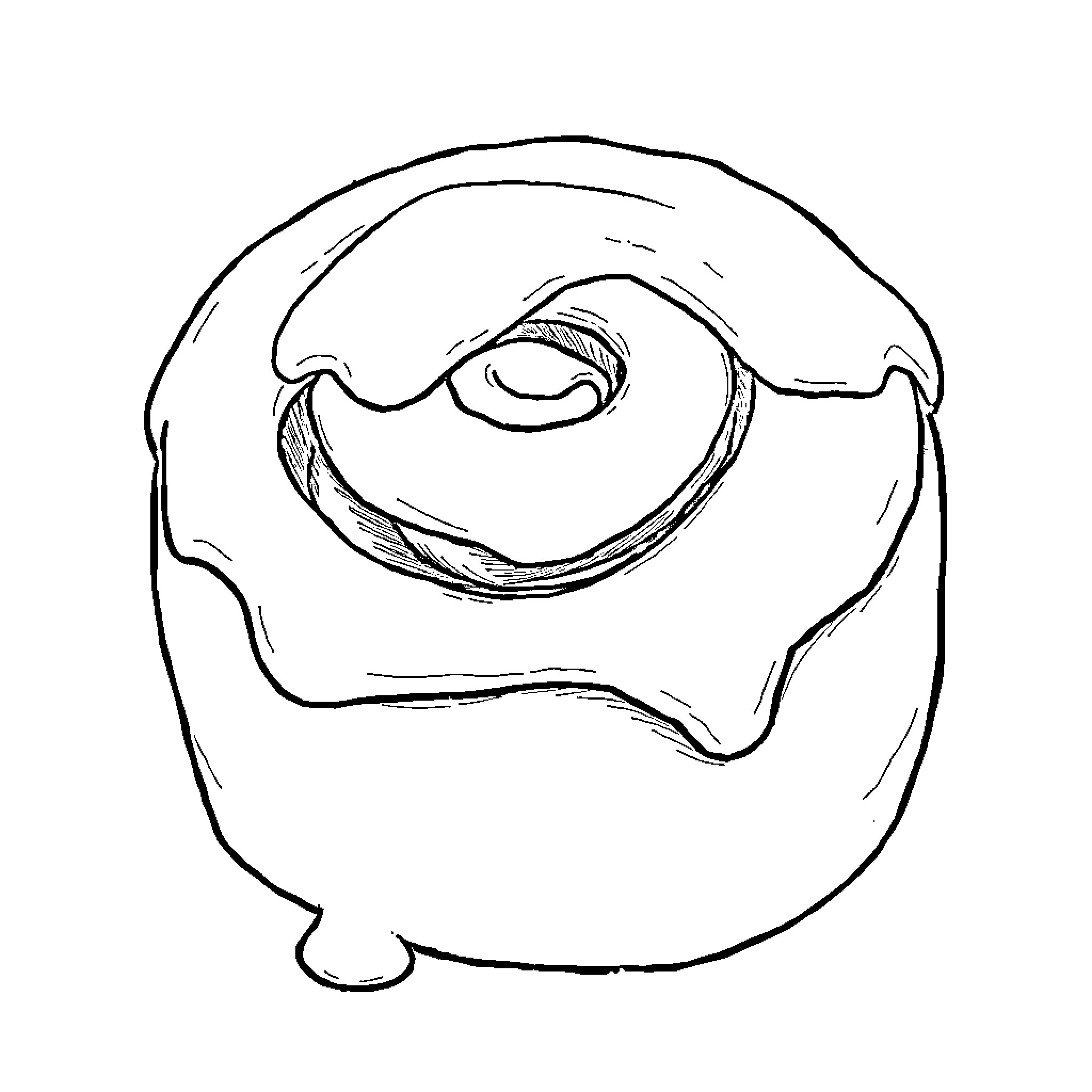 Cinnamon Roll Creature with Expressive Features Coloring Page (free black-and-white line drawing printable PDF for all, from beginners to advanced learners, including children, teens, adults, and seniors)