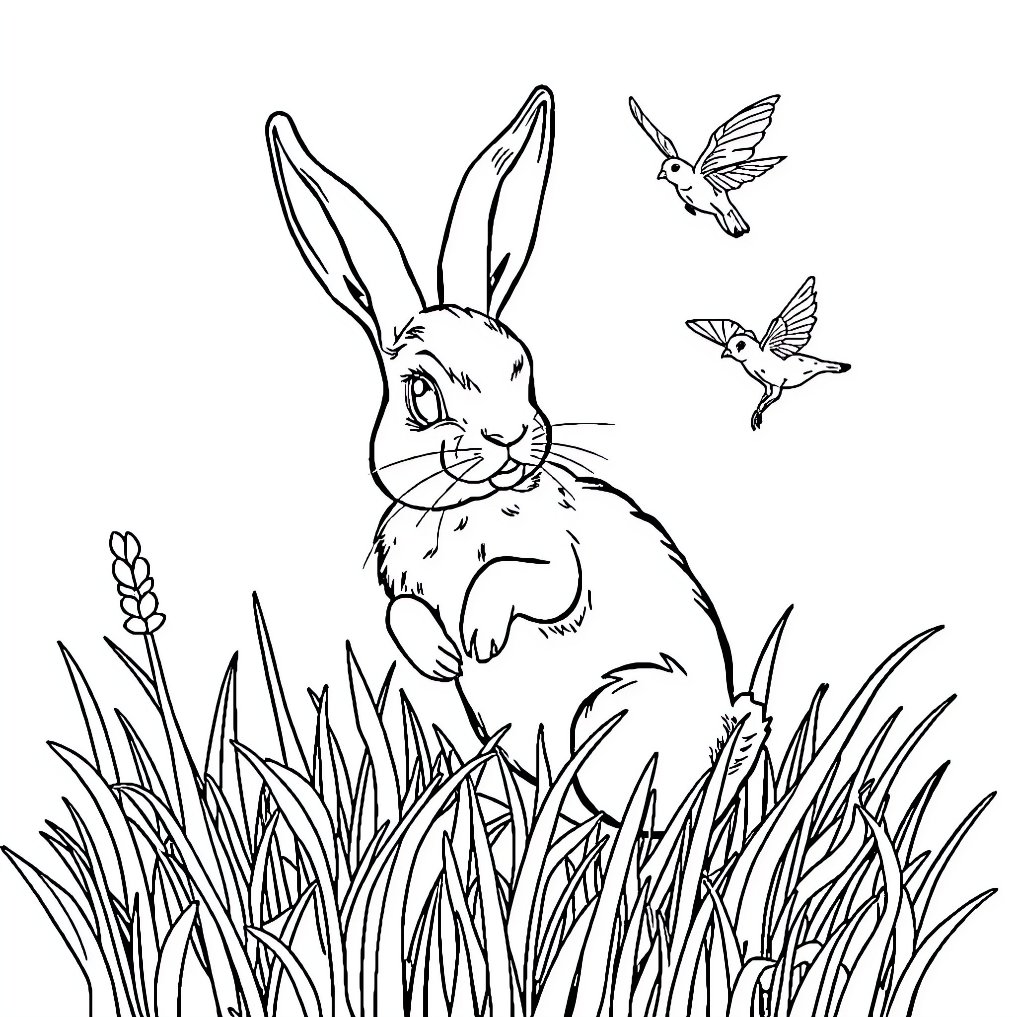 Rabbit resting in grassy field with hummingbirds Coloring Page (free black-and-white line drawing printable PDF for all, from beginners to advanced learners, including children, teens, adults, and seniors)
