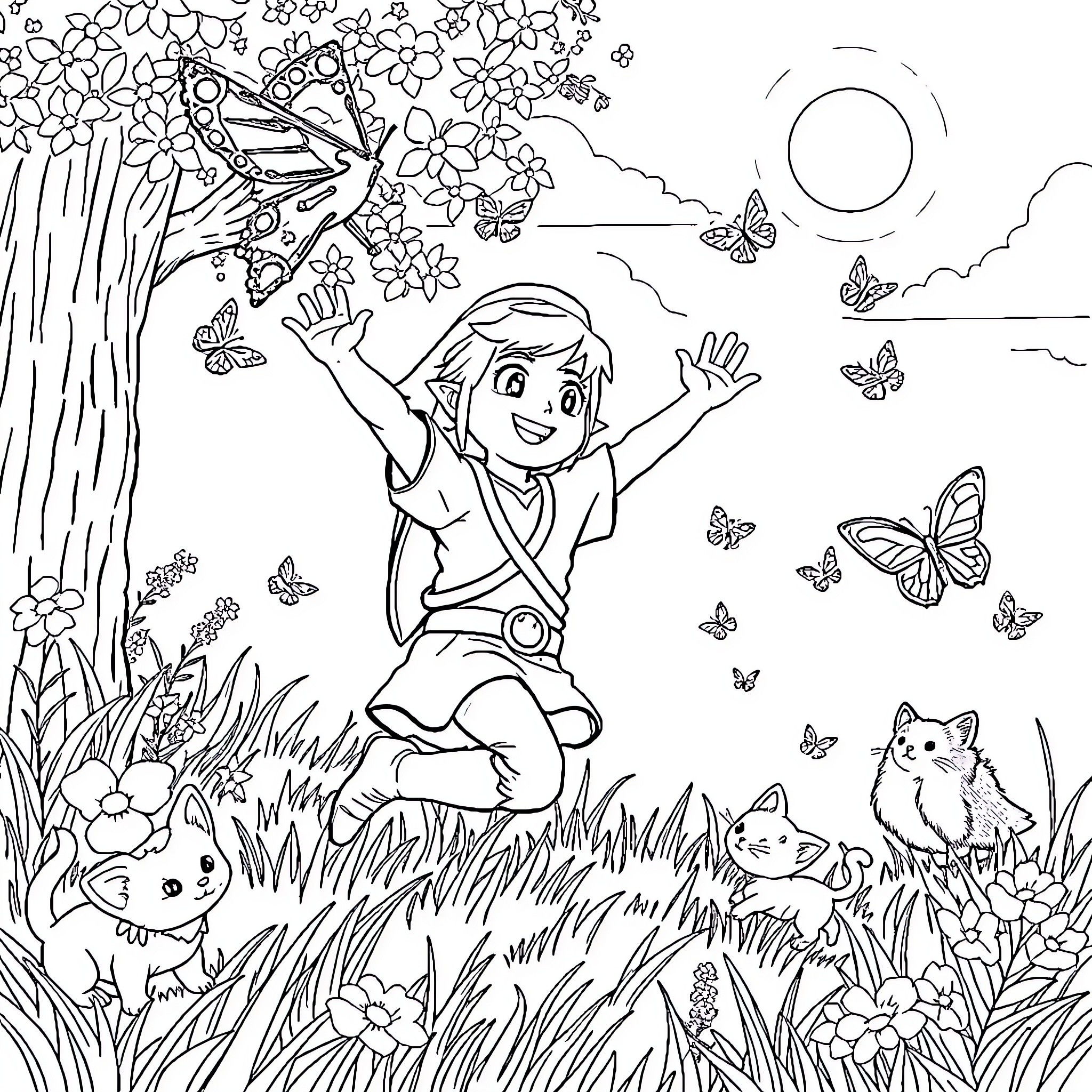 Link explores joyful nature with animals and butterflies Coloring Page (free black-and-white line drawing printable PDF for all, from beginners to advanced learners, including children, teens, adults, and seniors)