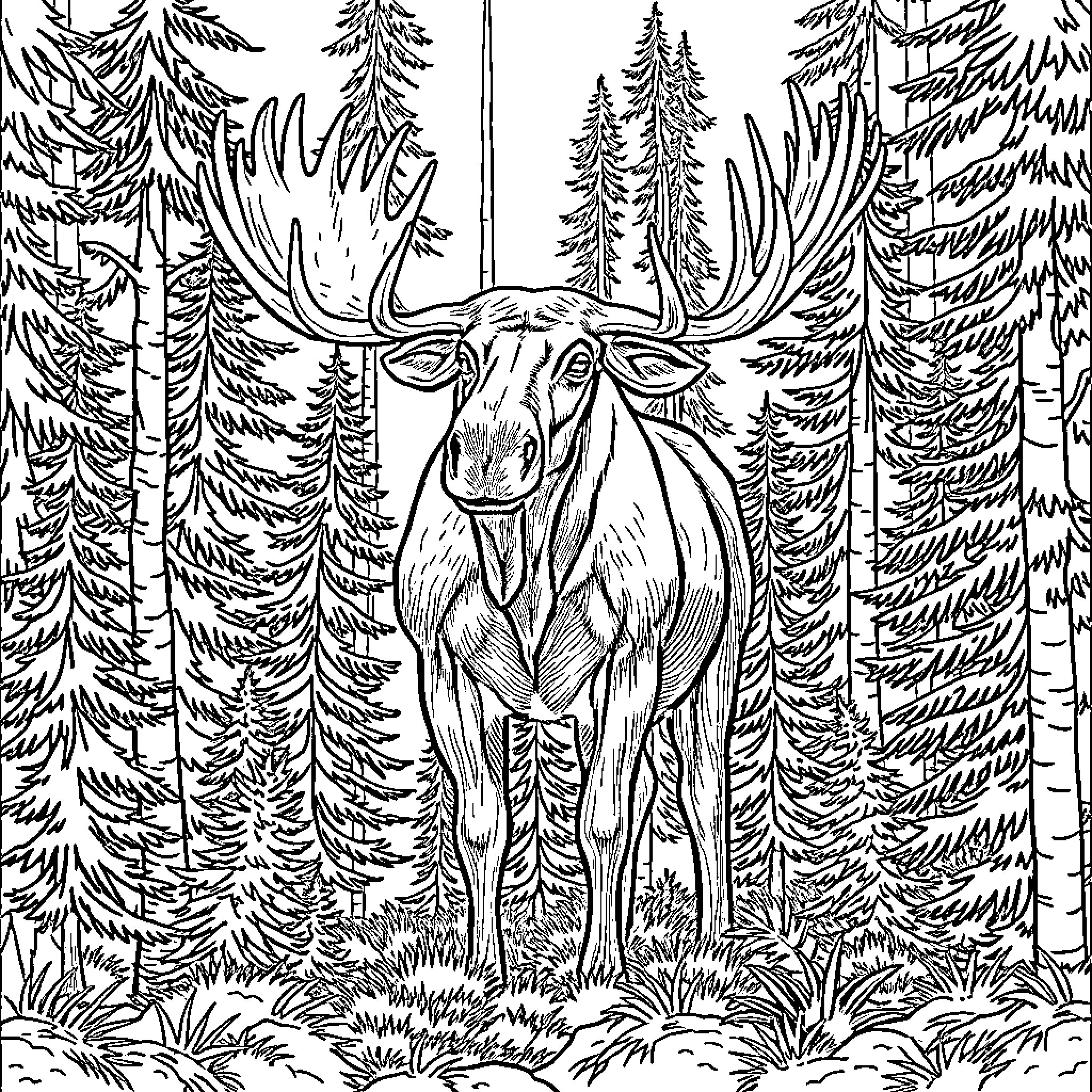 Moose standing amidst the evergreen forest Coloring Page (free black-and-white line drawing printable PDF for all, from beginners to advanced learners, including children, teens, adults, and seniors)