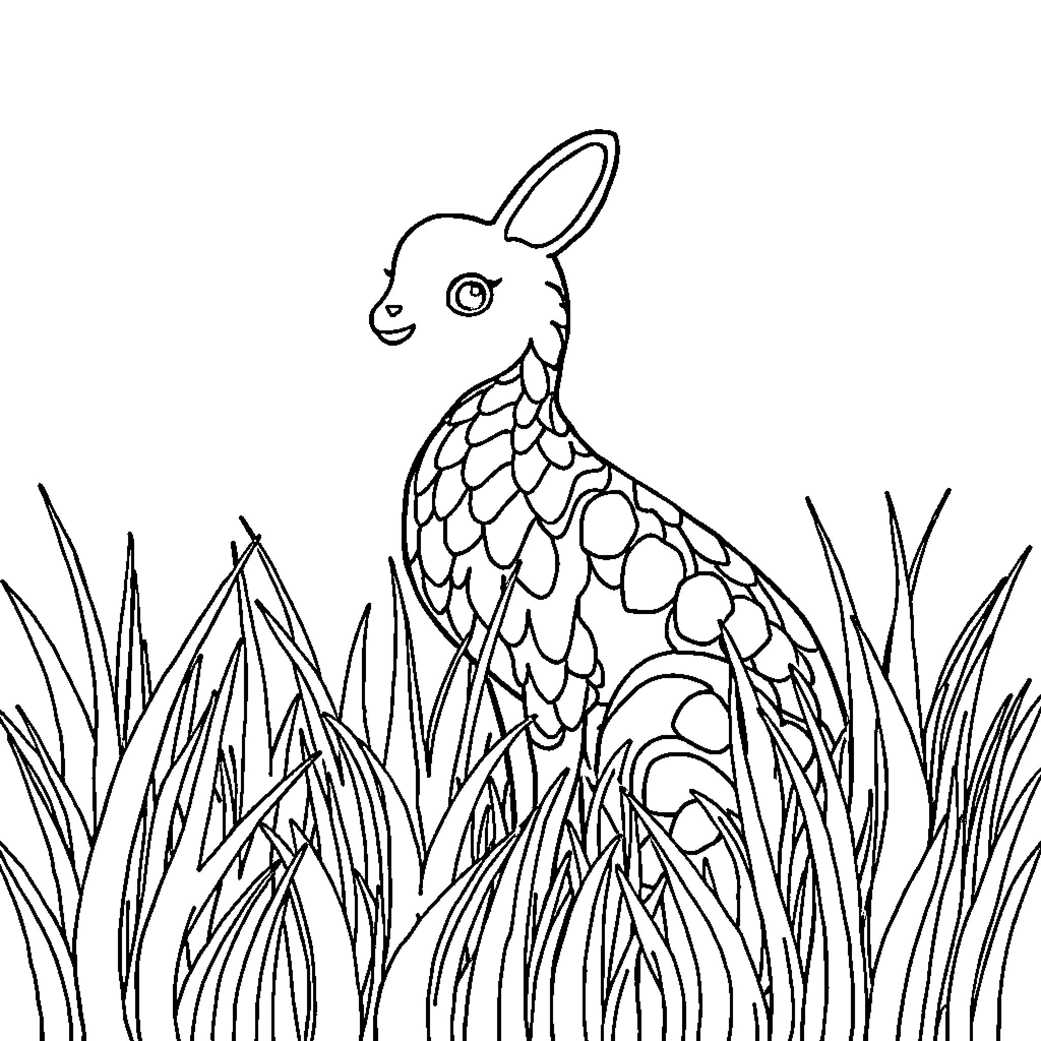 Doodle of a curious critter in the tall grass Coloring Page (free black-and-white line drawing printable PDF for all, from beginners to advanced learners, including children, teens, adults, and seniors)