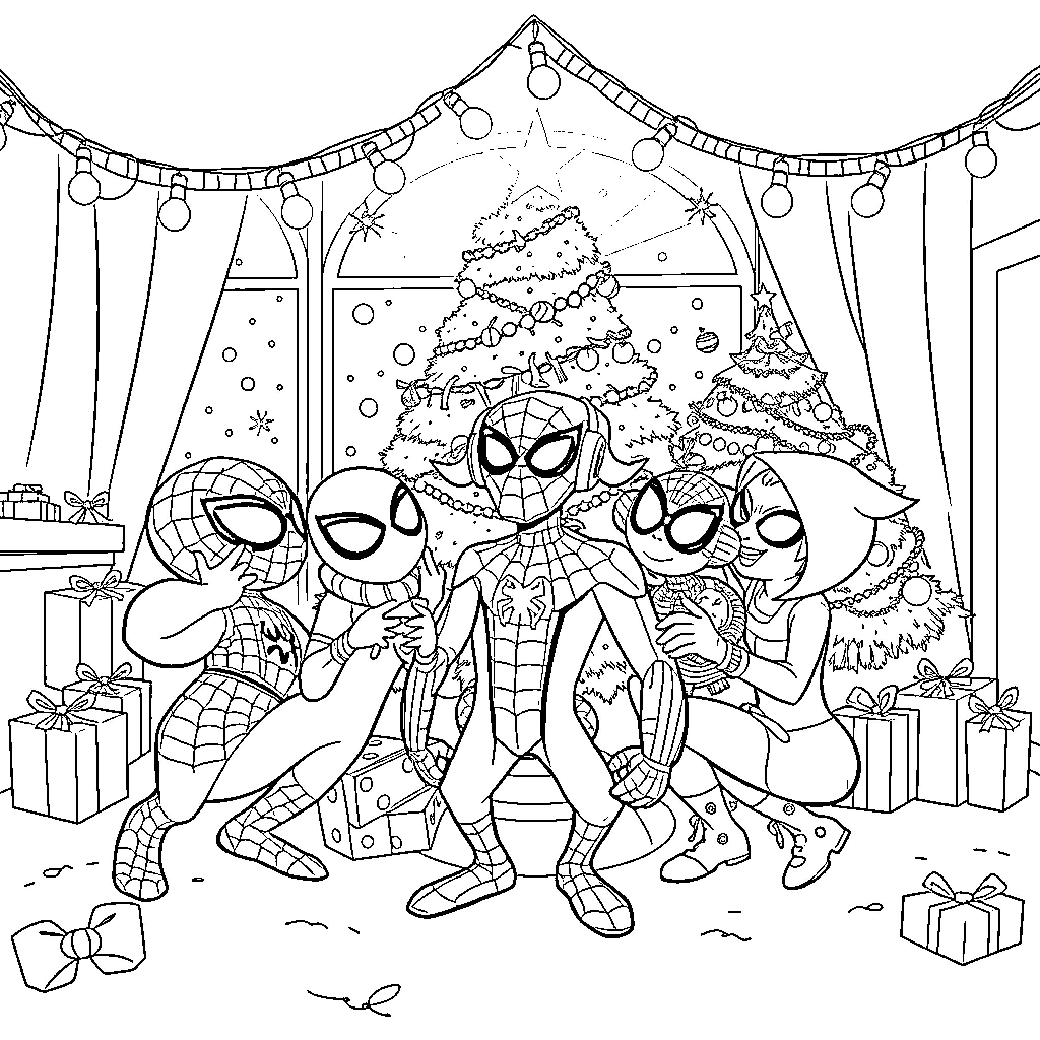 Spidey and Friends Celebrate the Holidays Coloring Page (free black-and-white line drawing printable PDF for all, from beginners to advanced learners, including children, teens, adults, and seniors)