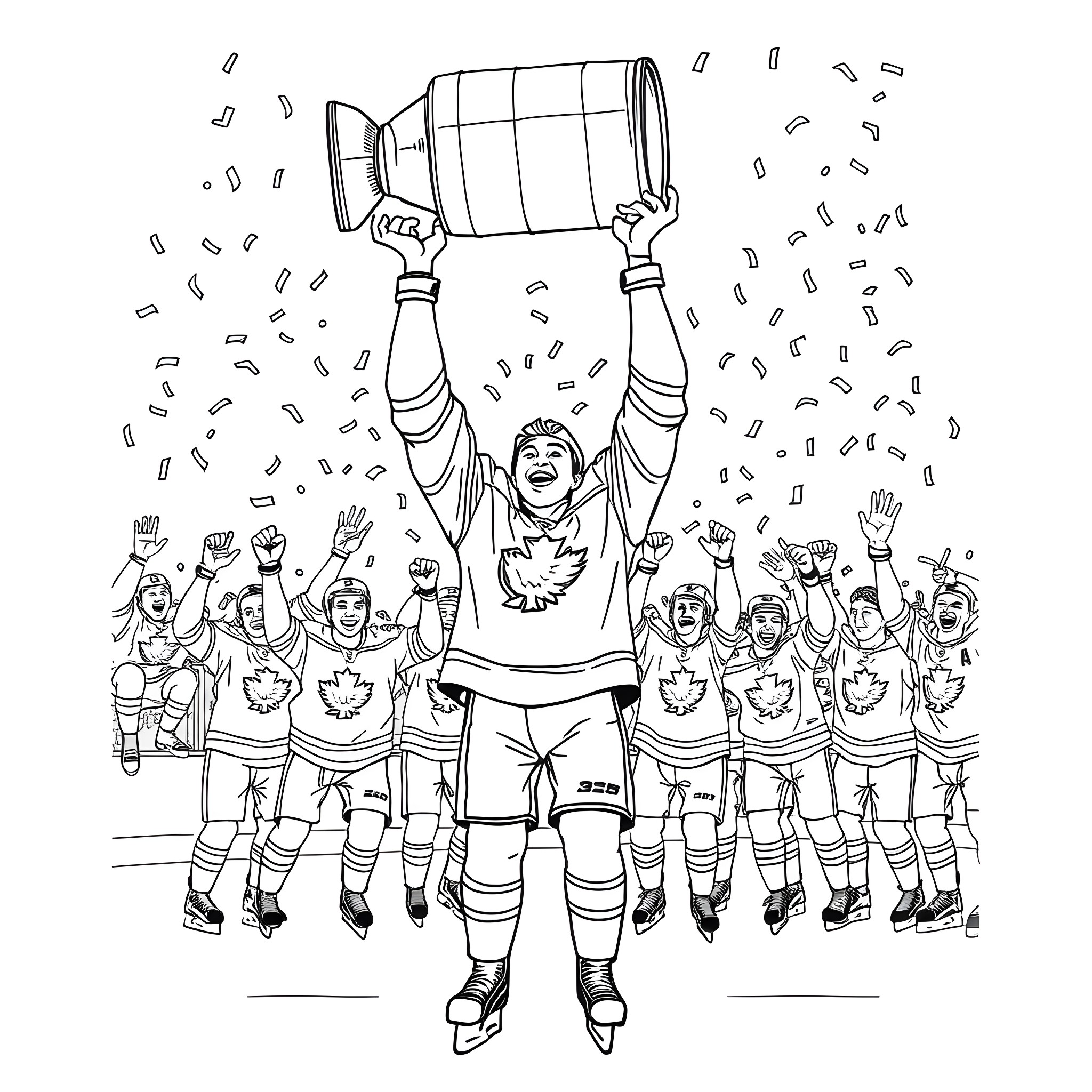 Auston Matthews Celebrates Championship Victory with Team Coloring Page (free black-and-white line drawing printable PDF for all, from beginners to advanced learners, including children, teens, adults, and seniors)