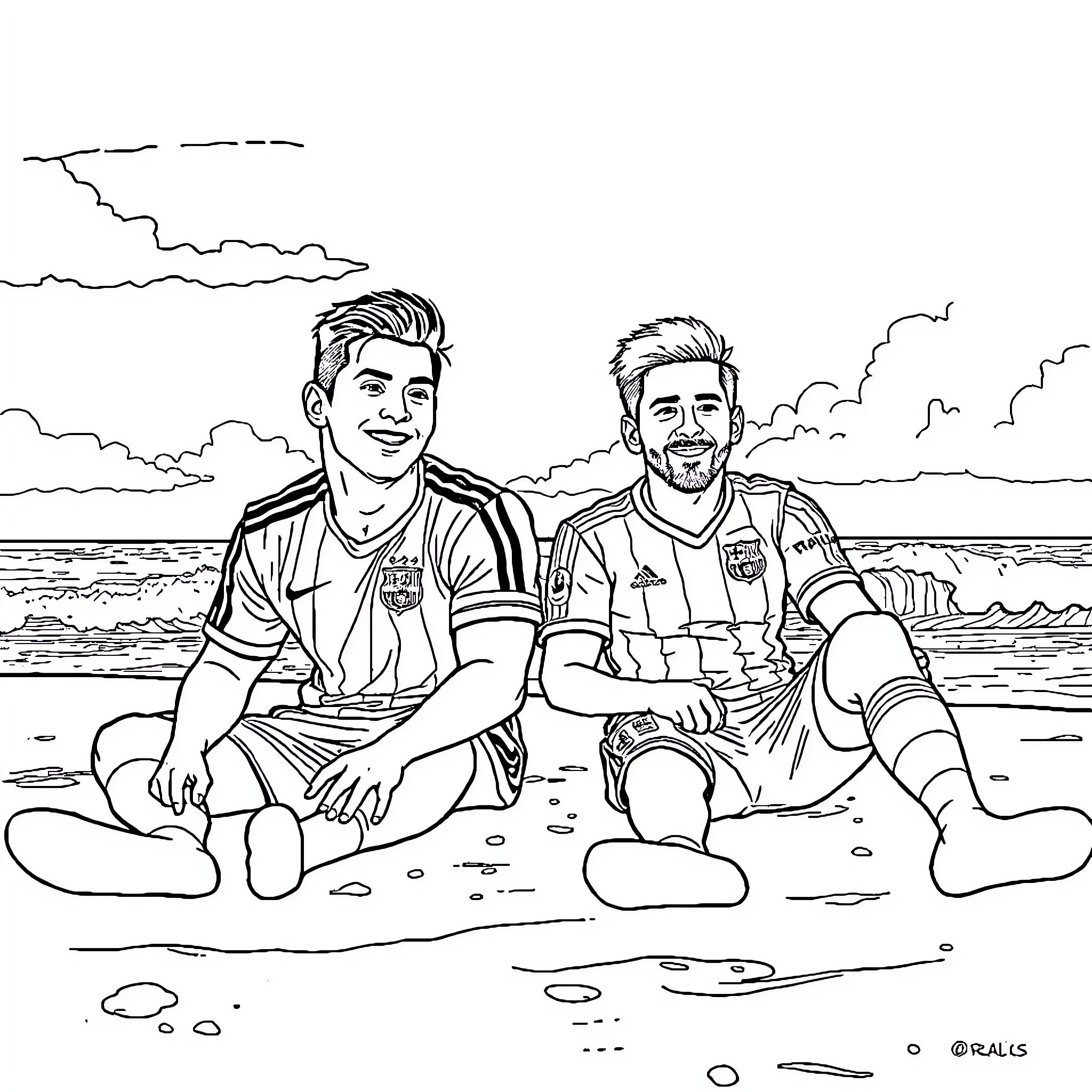 Ronaldo relaxing on the beach with friends Coloring Page (free black-and-white line drawing printable PDF for all, from beginners to advanced learners, including children, teens, adults, and seniors)